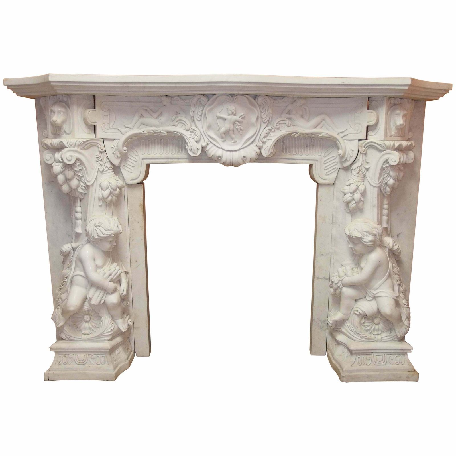 White Statuary Marble Fireplace, Richly Carved With Cherubs, Cupid, Dogs, Italy