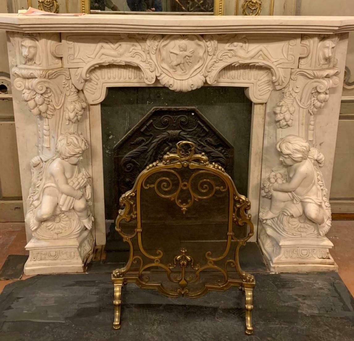 White Statuary Marble Fireplace, Richly Carved With Cherubs, Cupid, Dogs, Italy photo 23035.0