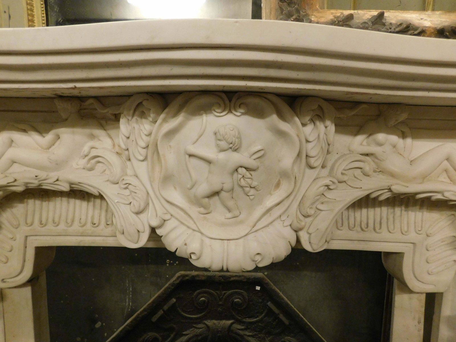 White Statuary Marble Fireplace, Richly Carved With Cherubs, Cupid, Dogs, Italy photo buy