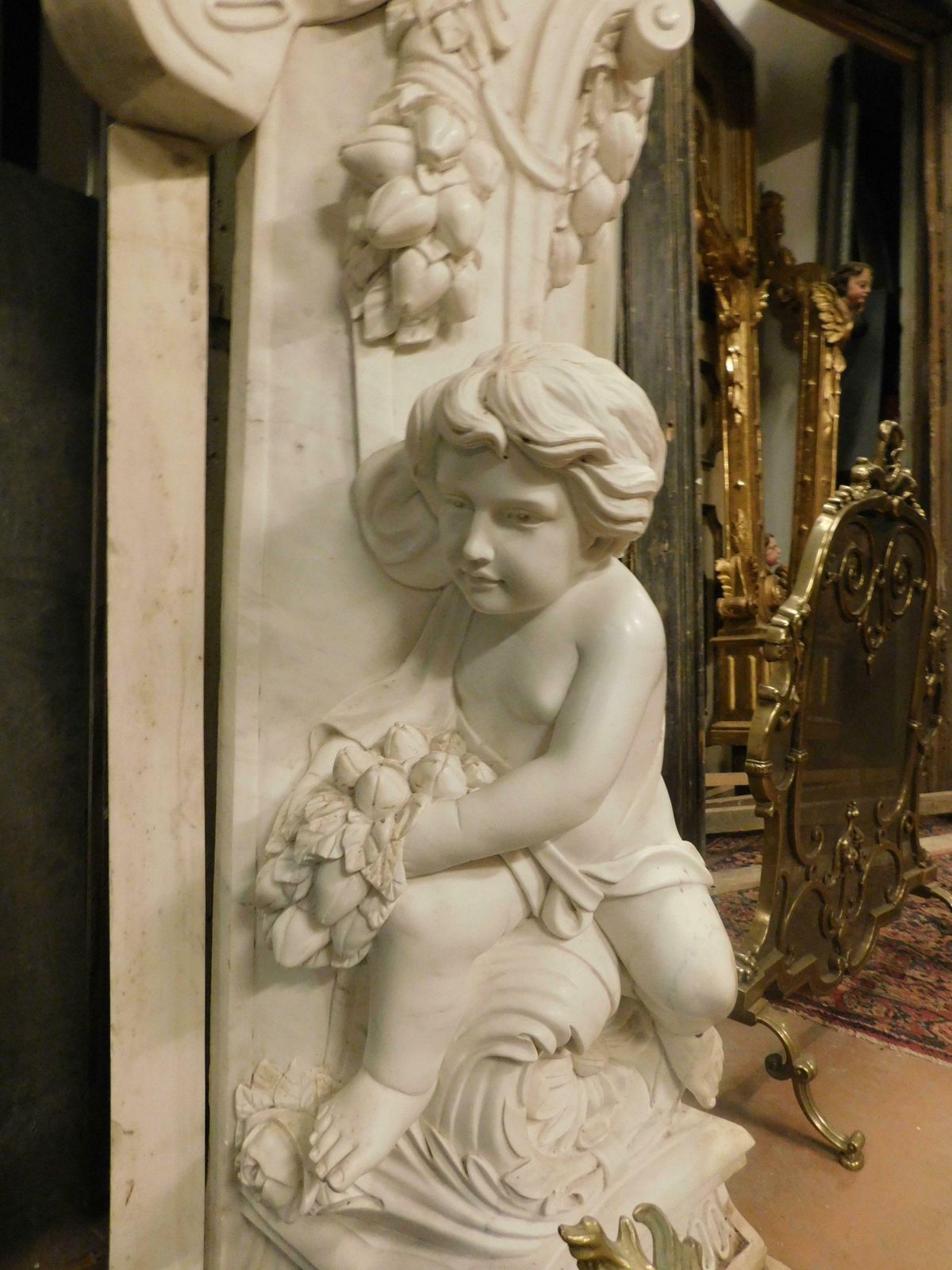 photo furniture White Statuary Marble Fireplace, Richly Carved With Cherubs, Cupid, Dogs, Italy