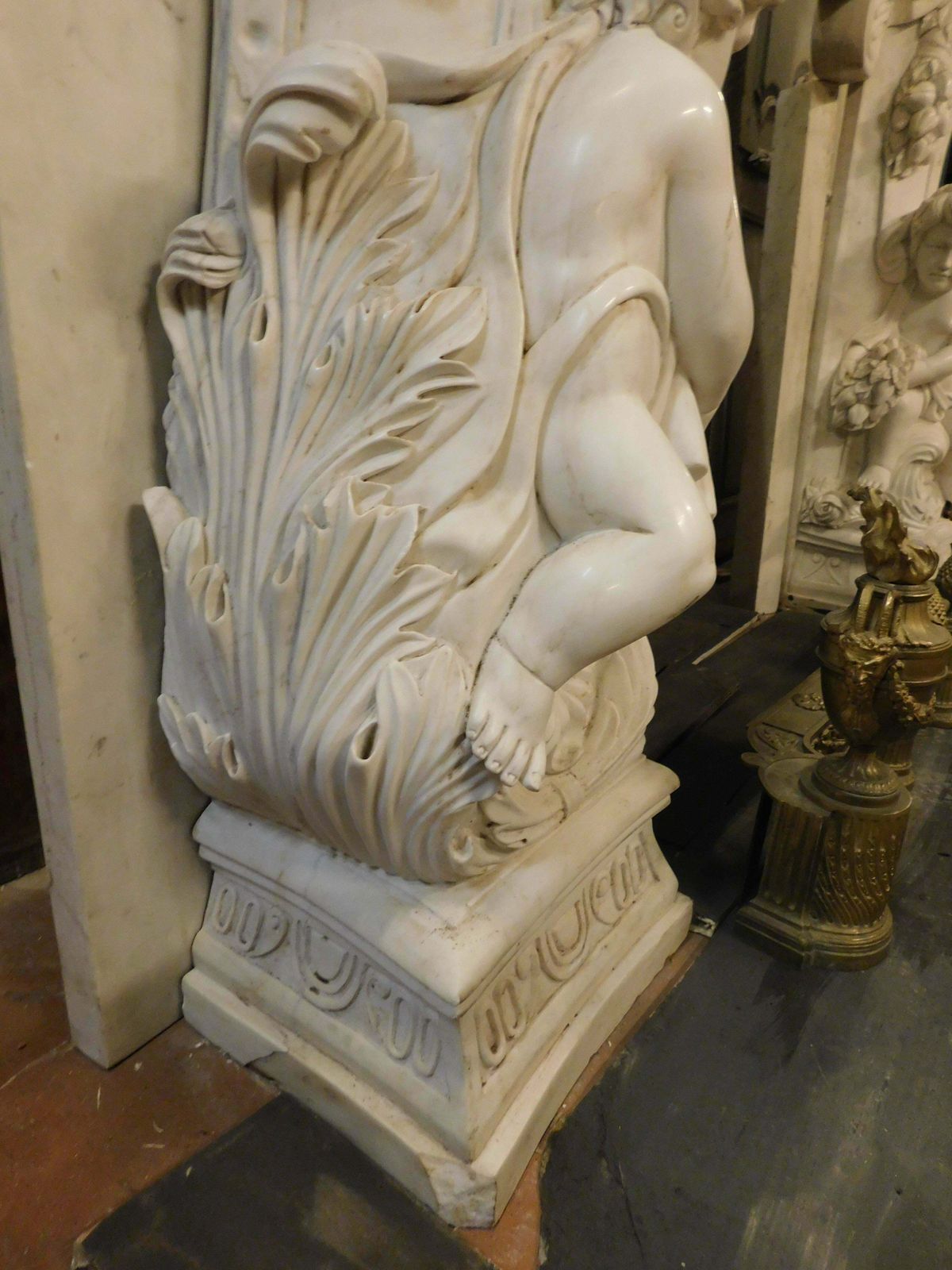 23035.0 White Statuary Marble Fireplace, Richly Carved With Cherubs, Cupid, Dogs, Italy photo