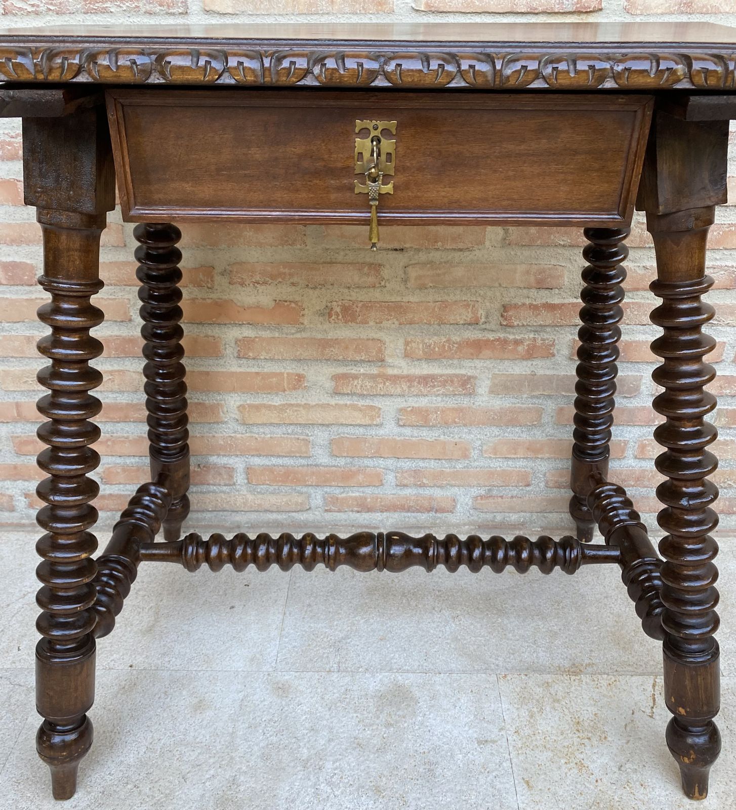Mid 20th Century French Walnut Carved Side Table With Turned Legs And Stretcher photo 1670.2