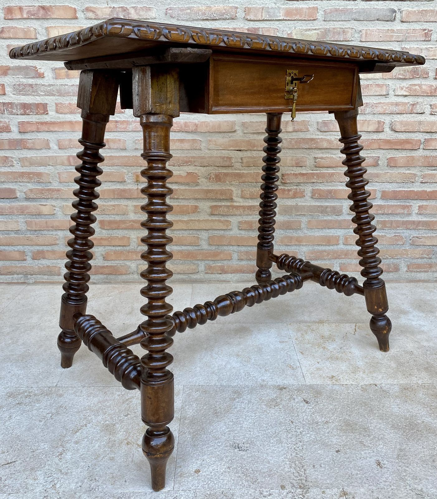 photo for sale Mid 20th Century French Walnut Carved Side Table With Turned Legs And Stretcher