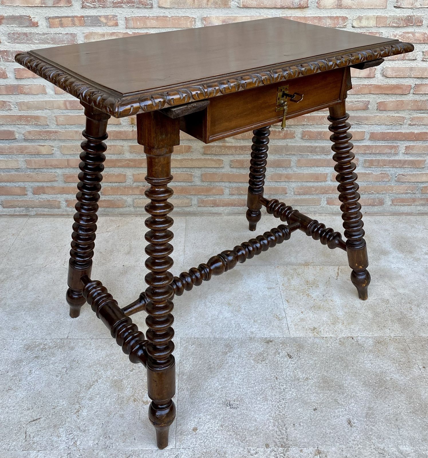 Mid 20th Century French Walnut Carved Side Table With Turned Legs And Stretcher