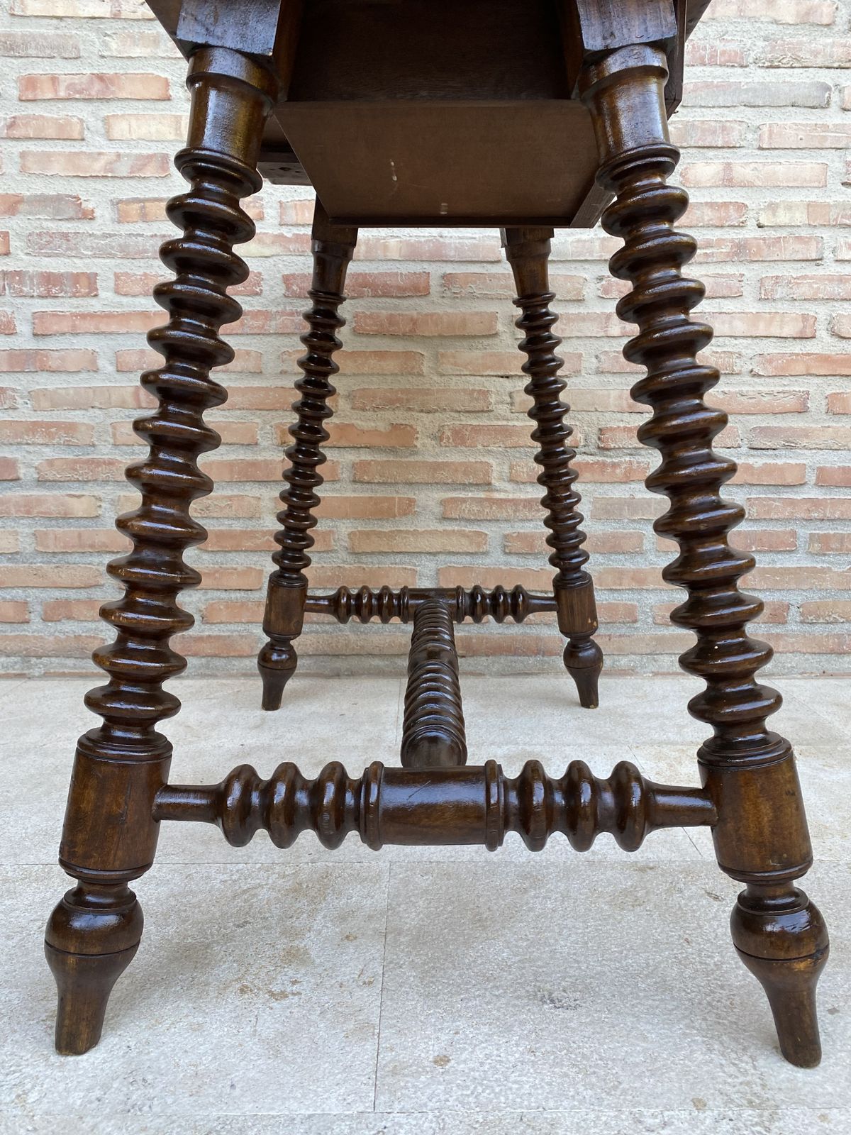 photo vintage Mid 20th Century French Walnut Carved Side Table With Turned Legs And Stretcher