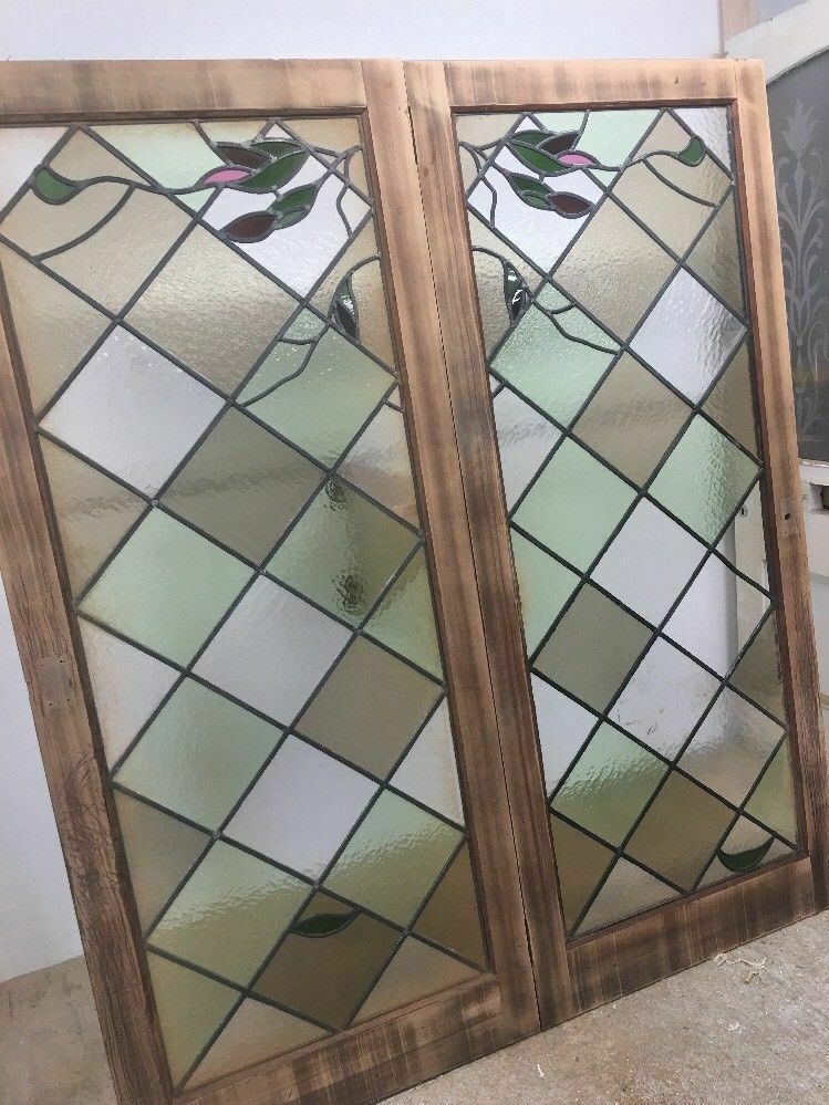Stained Glass Doors Antique Period Reclaimed French Double Lead Lattice Wood photo for sale