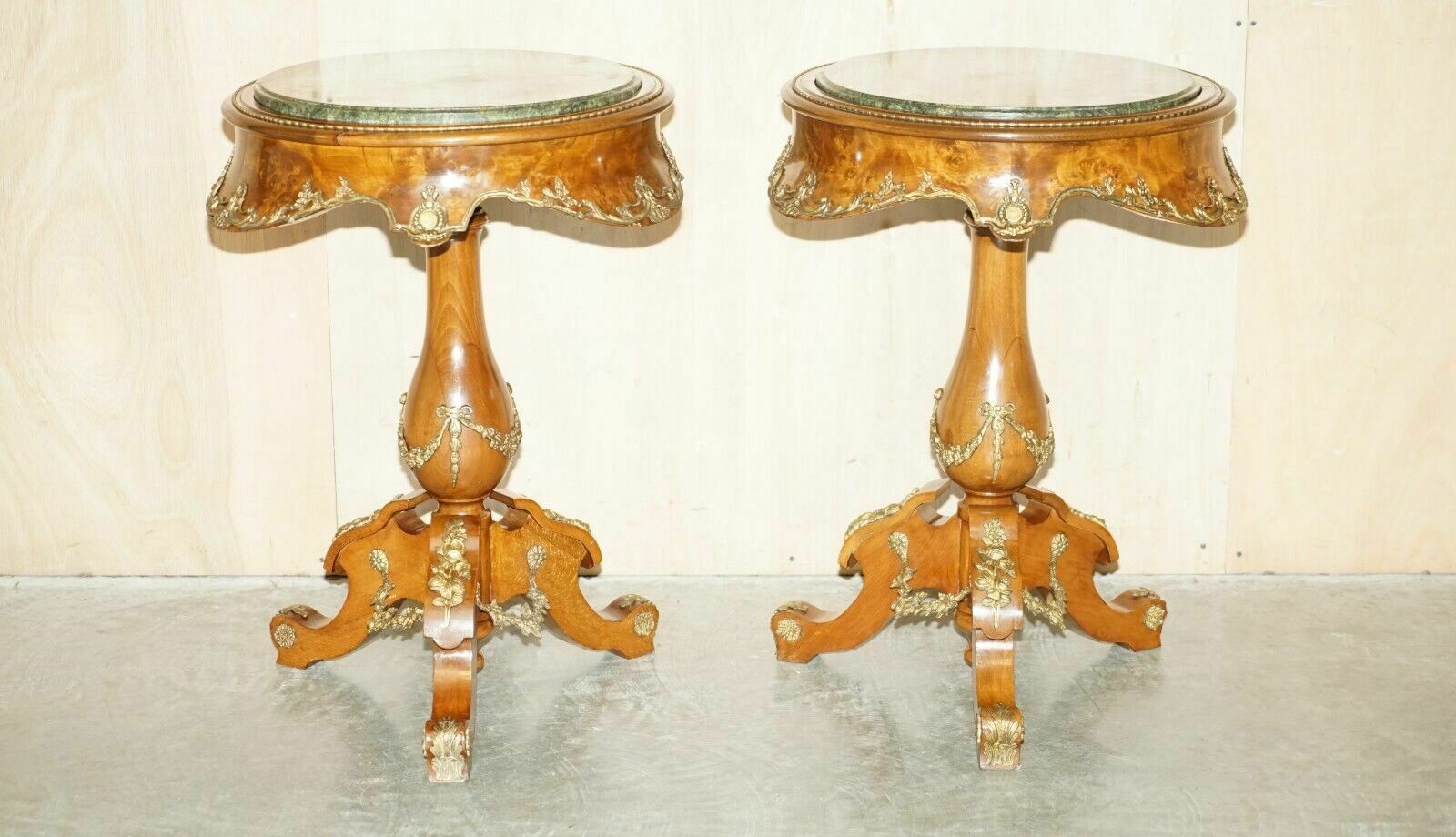 Pair Of Antique French 1880 Burr Walnut, Gilt Brass Green Marble Side End Tables photo furniture