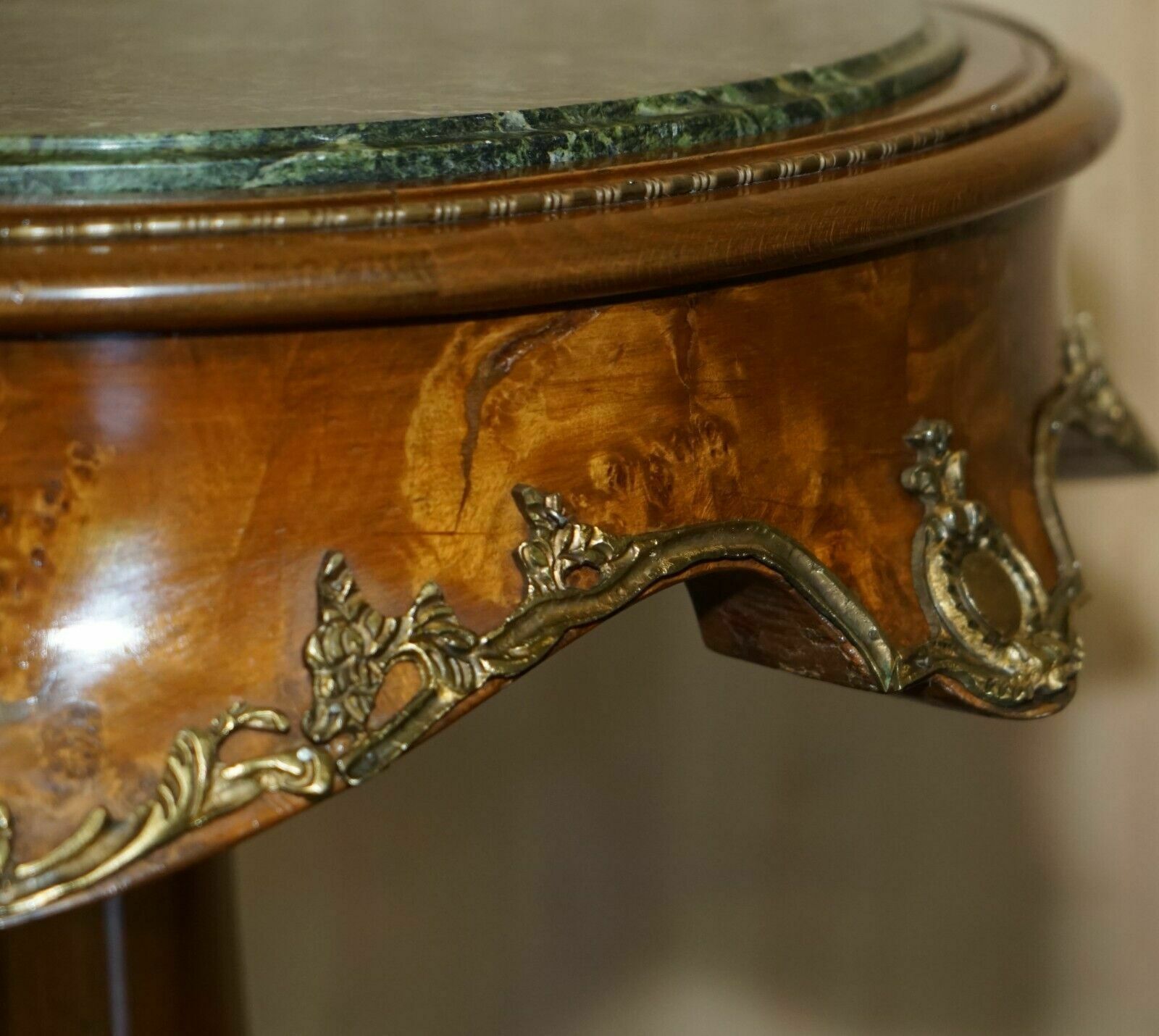 Pair Of Antique French 1880 Burr Walnut, Gilt Brass Green Marble Side End Tables photo buy