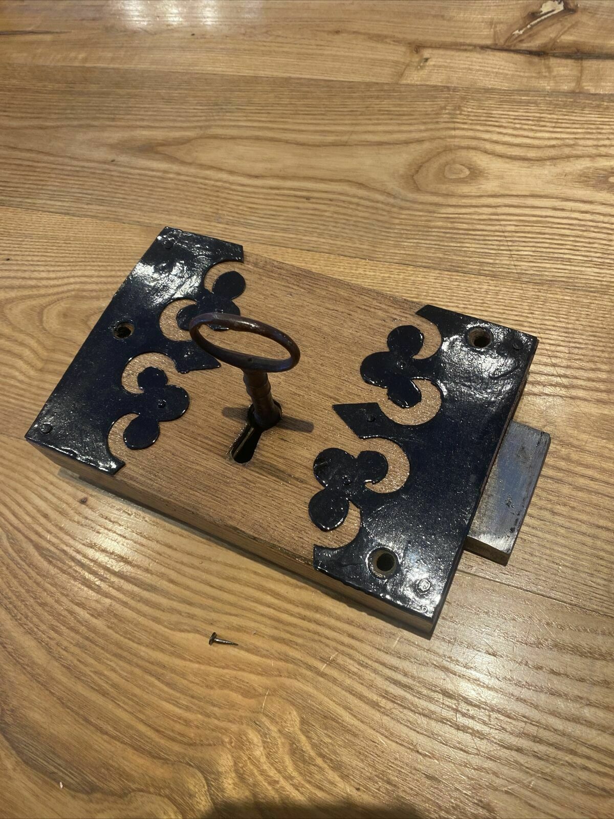 Large Gothic Revival Antique Rim Lock Key Reclaimed Period Oak Iron Refurbished photo for sale