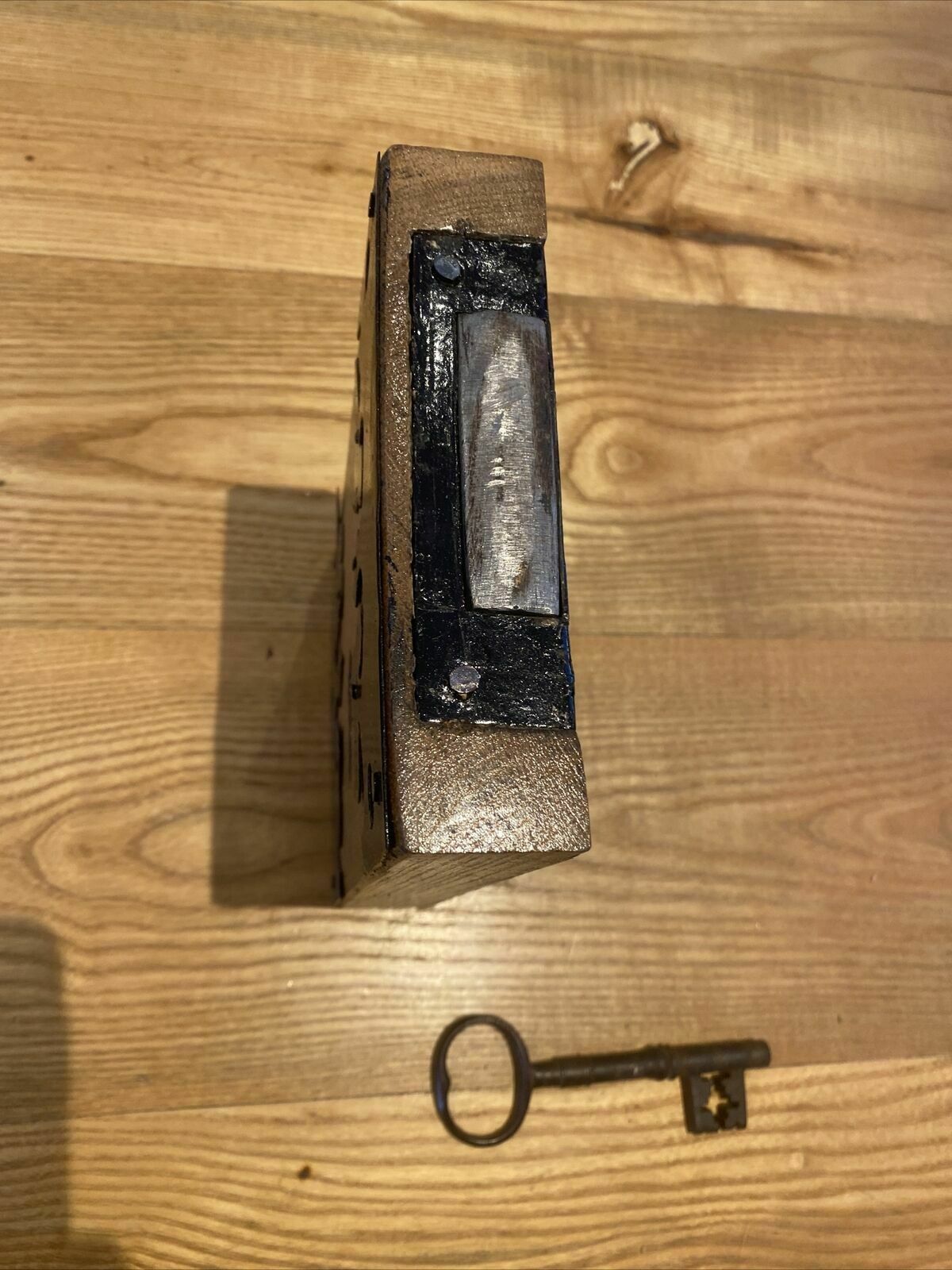 Large Gothic Revival Antique Rim Lock Key Reclaimed Period Oak Iron Refurbished photo 230.1