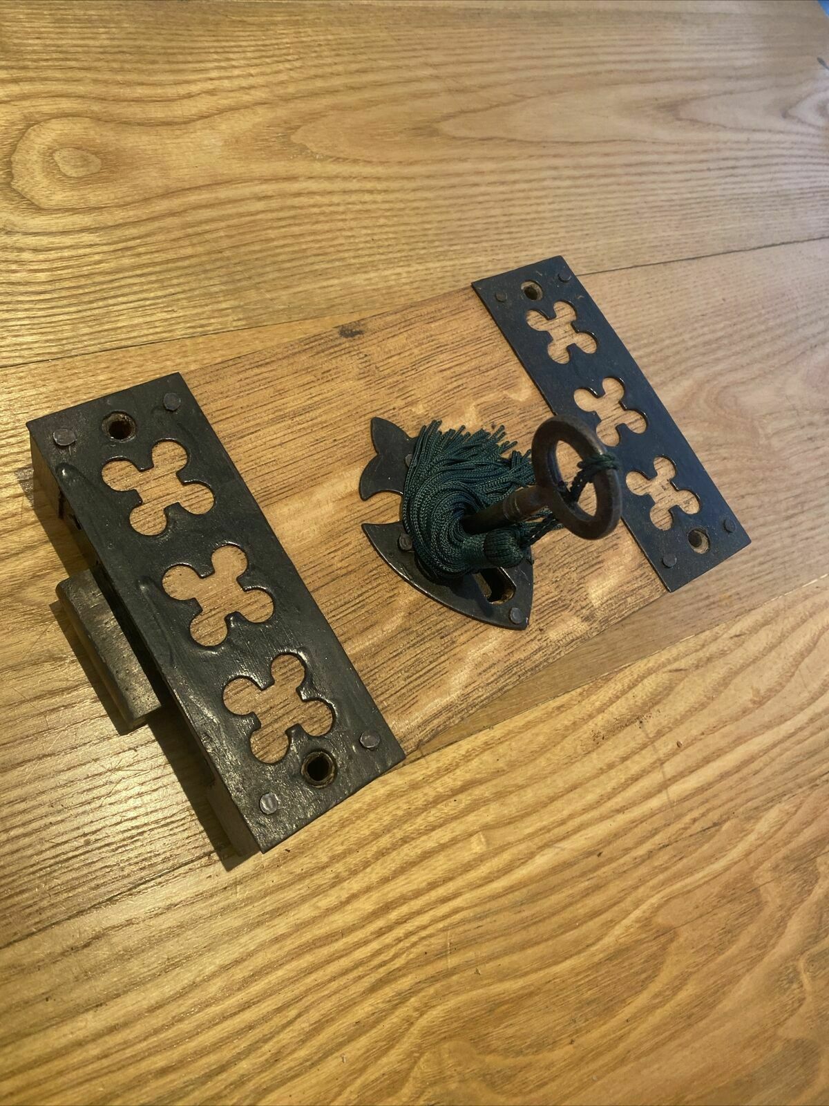 photo furniture Large Gothic Revival Antique Rim Lock Key Reclaimed Period Oak Iron Refurbished