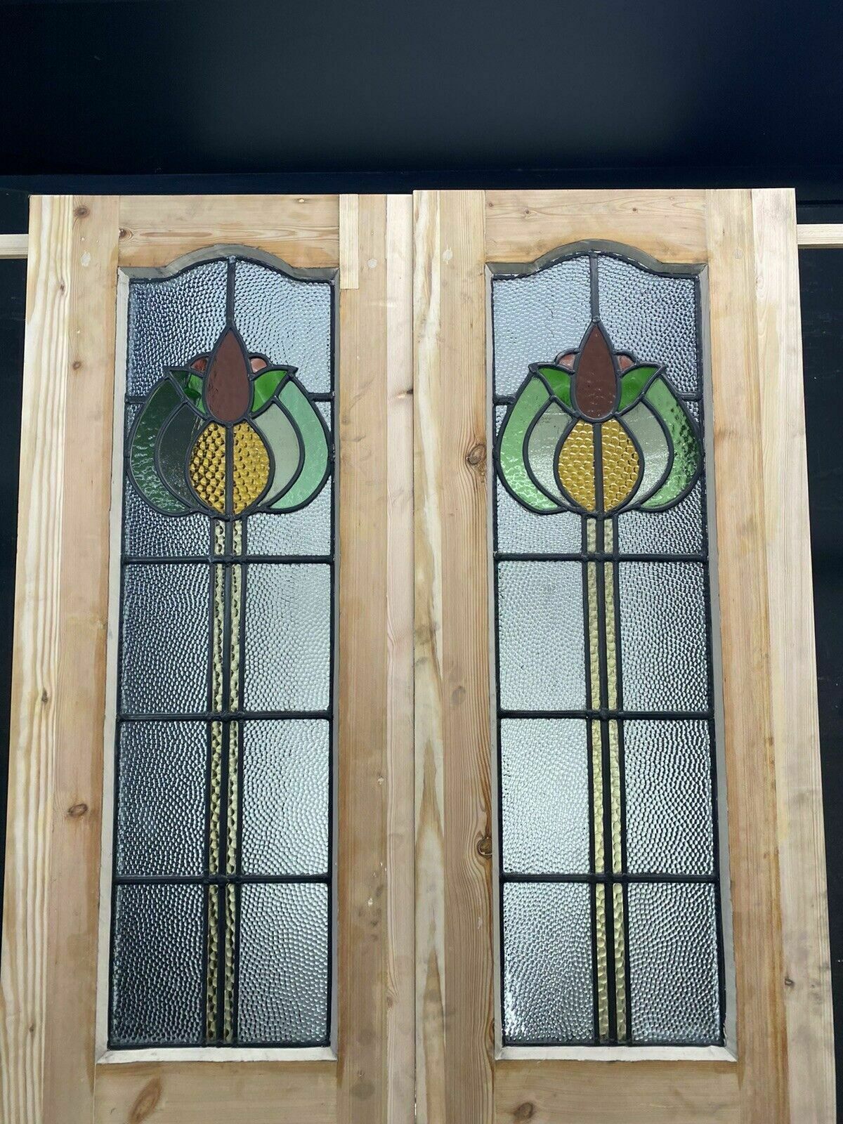 Edwardian Stained Glass Doors Antique Period Reclaimed Old French Double Leaded photo vintage