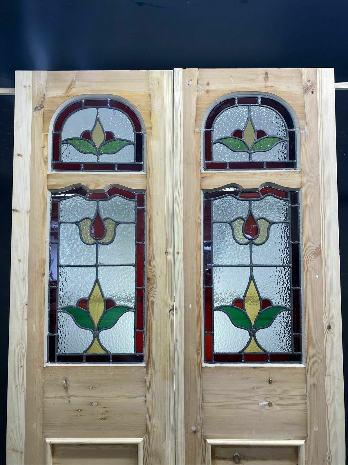 Edwardian Stained Glass Doors Antique Period Reclaimed Old French Double Leaded photo vintage