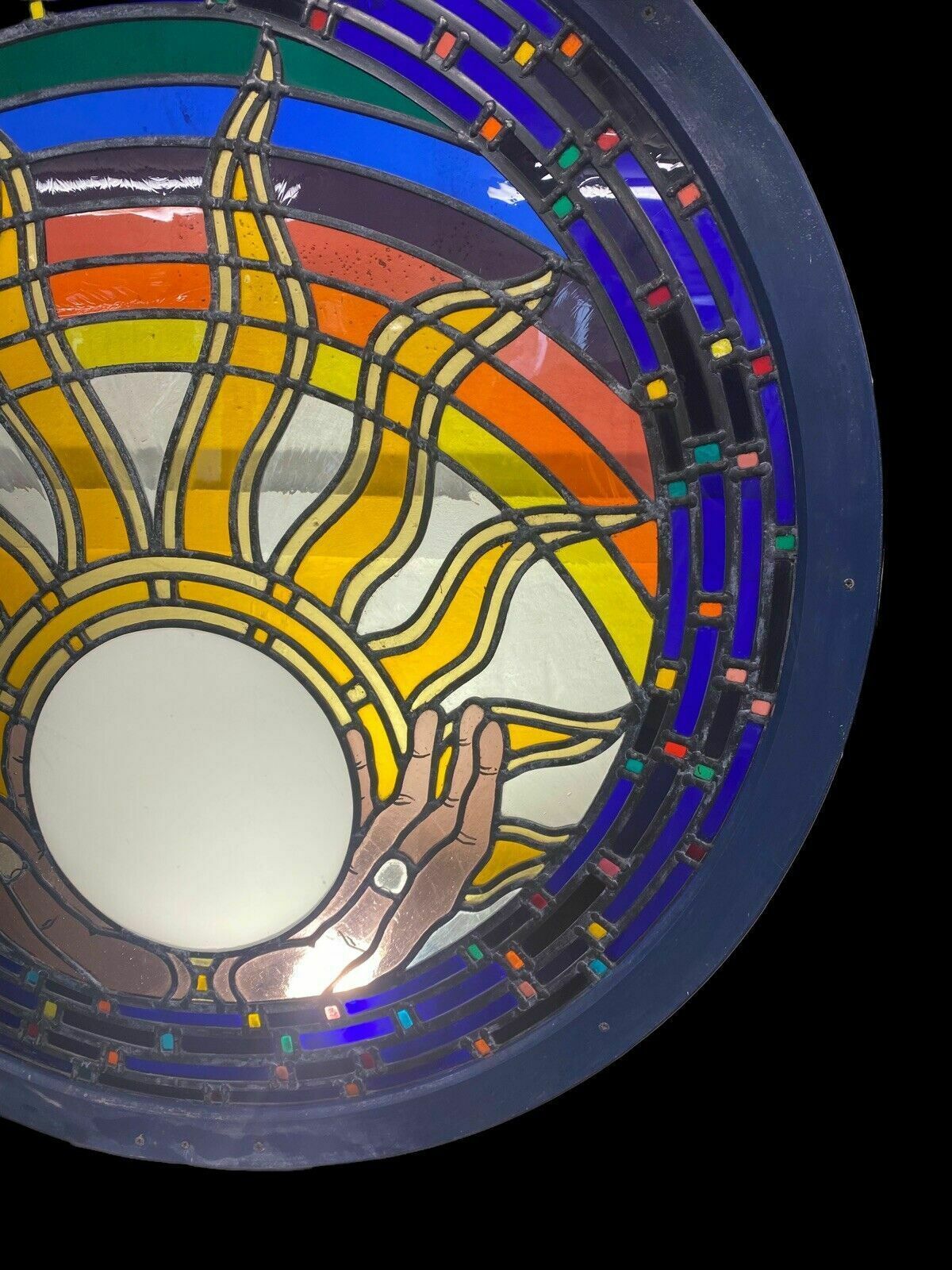 Large Stained Glass Window Panel Lead Wood Unique Old Spiritual Healing Feature photo for sale