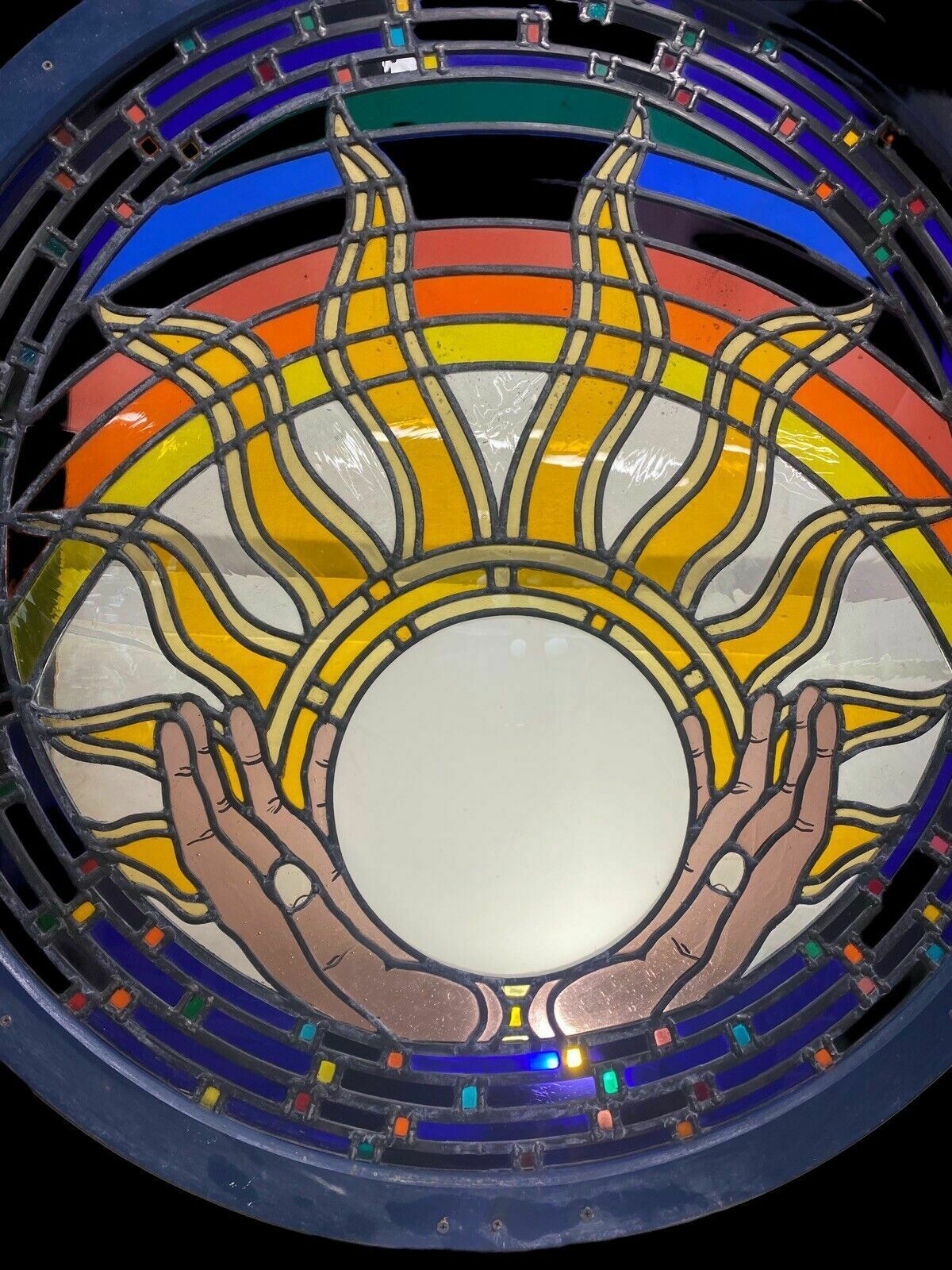 Large Stained Glass Window Panel Lead Wood Unique Old Spiritual Healing Feature photo 1947.0