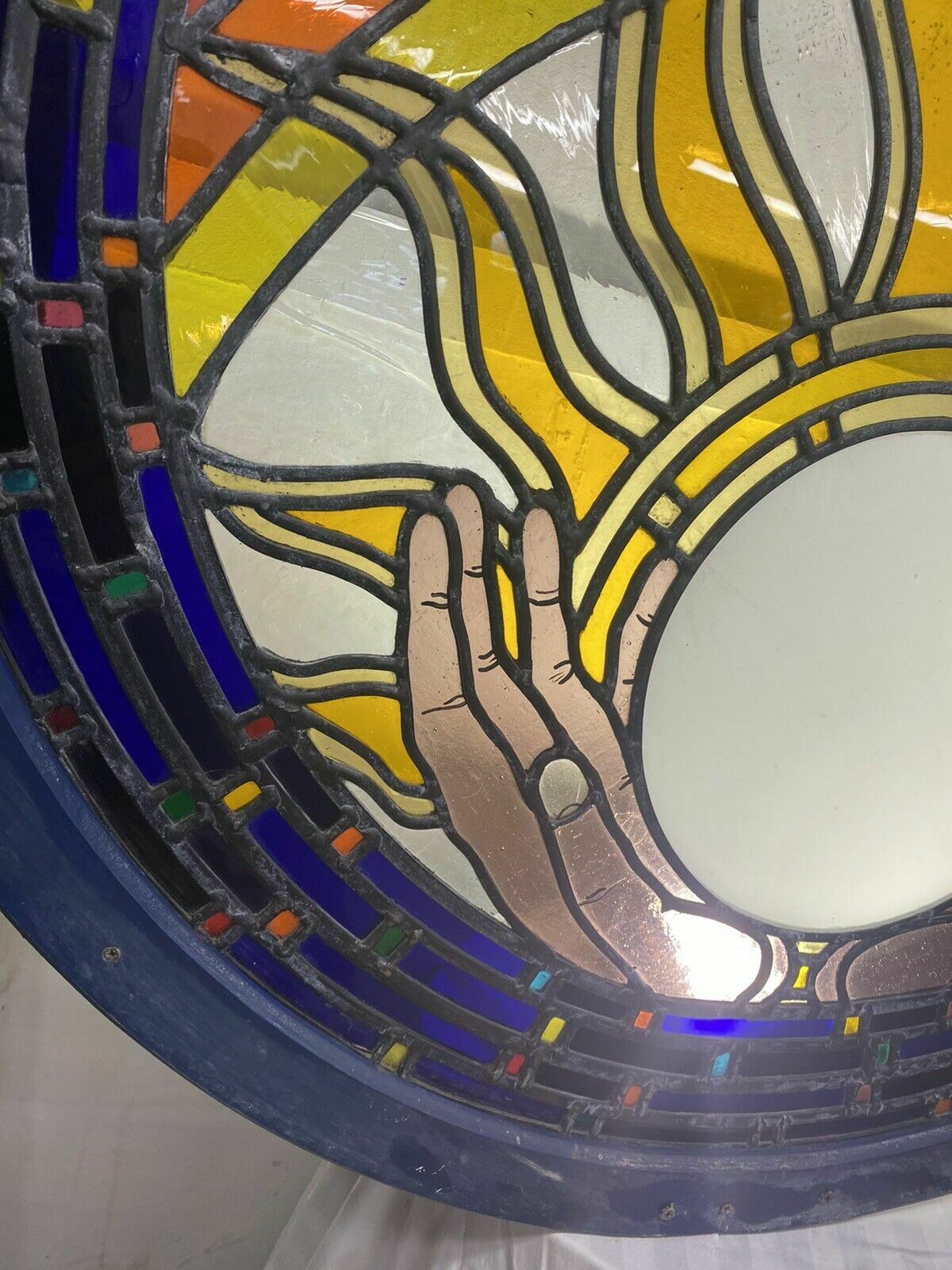 Large Stained Glass Window Panel Lead Wood Unique Old Spiritual Healing Feature photo buy