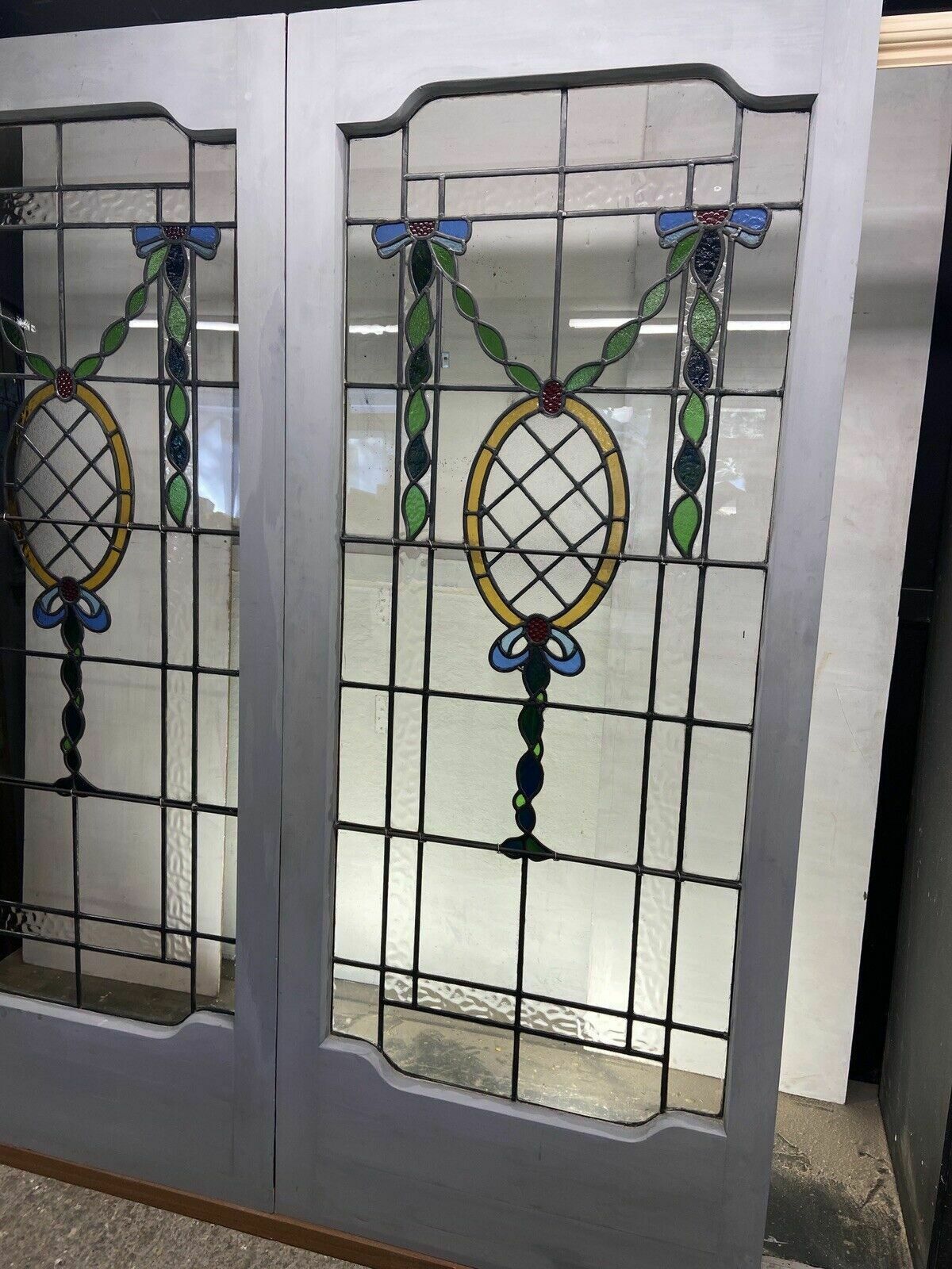 Victorian Edwardian Stained Glass French Doors Antique Period Reclaimed Old Wood photo for sale