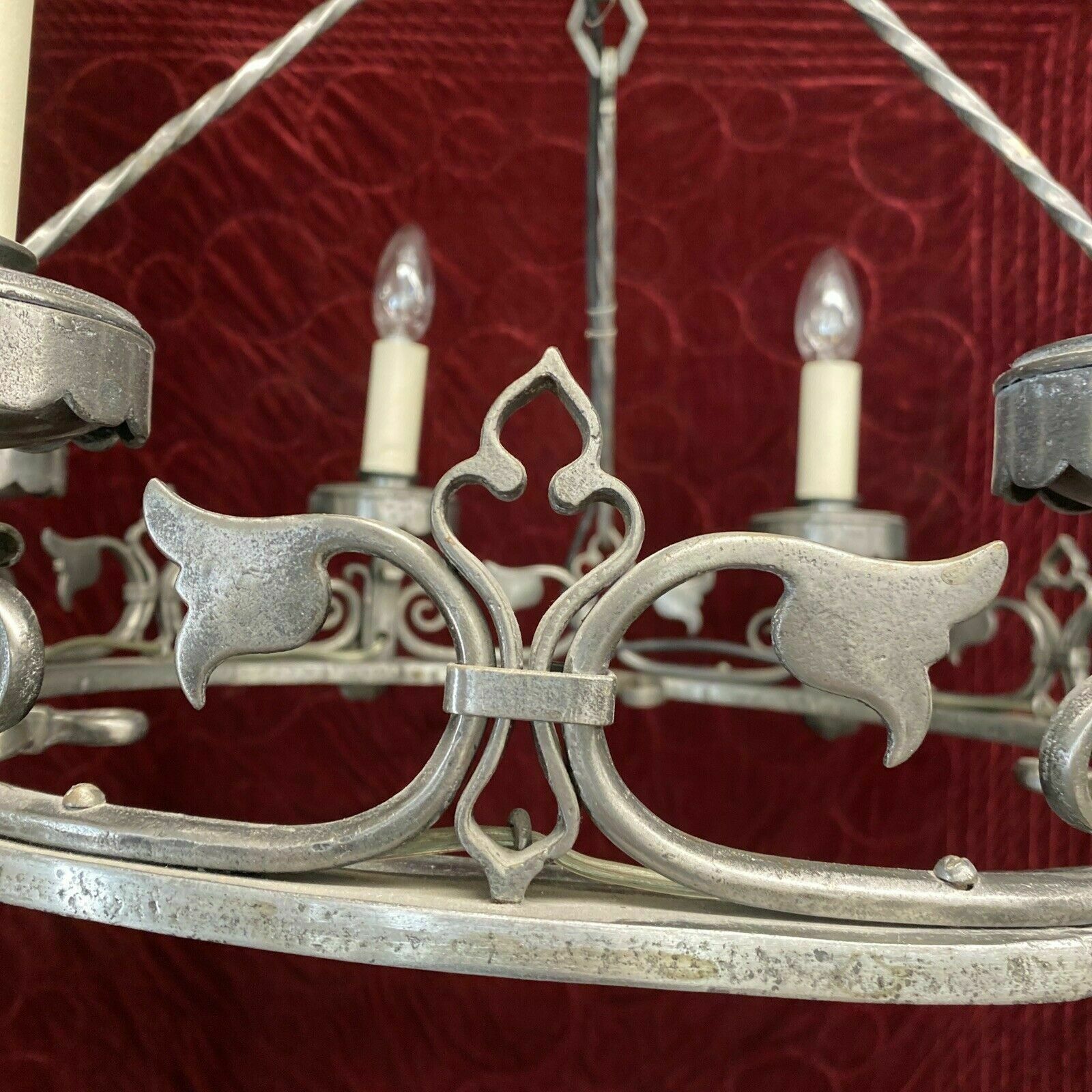 V Large Antique 19th Century Gothic Revival Wrought Iron French Chandelier Light photo buy