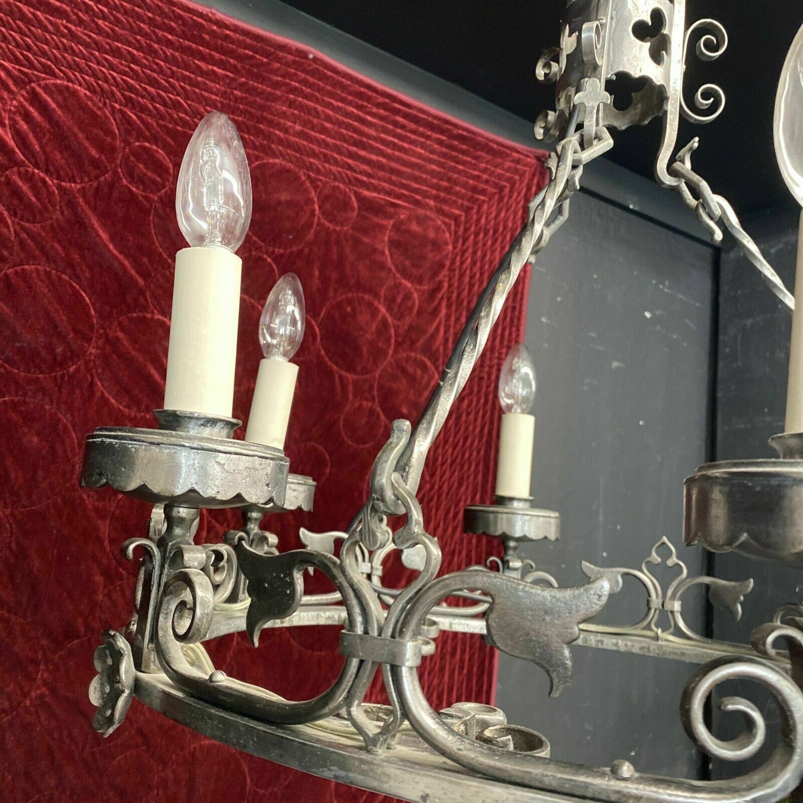 photo for sale V Large Antique 19th Century Gothic Revival Wrought Iron French Chandelier Light