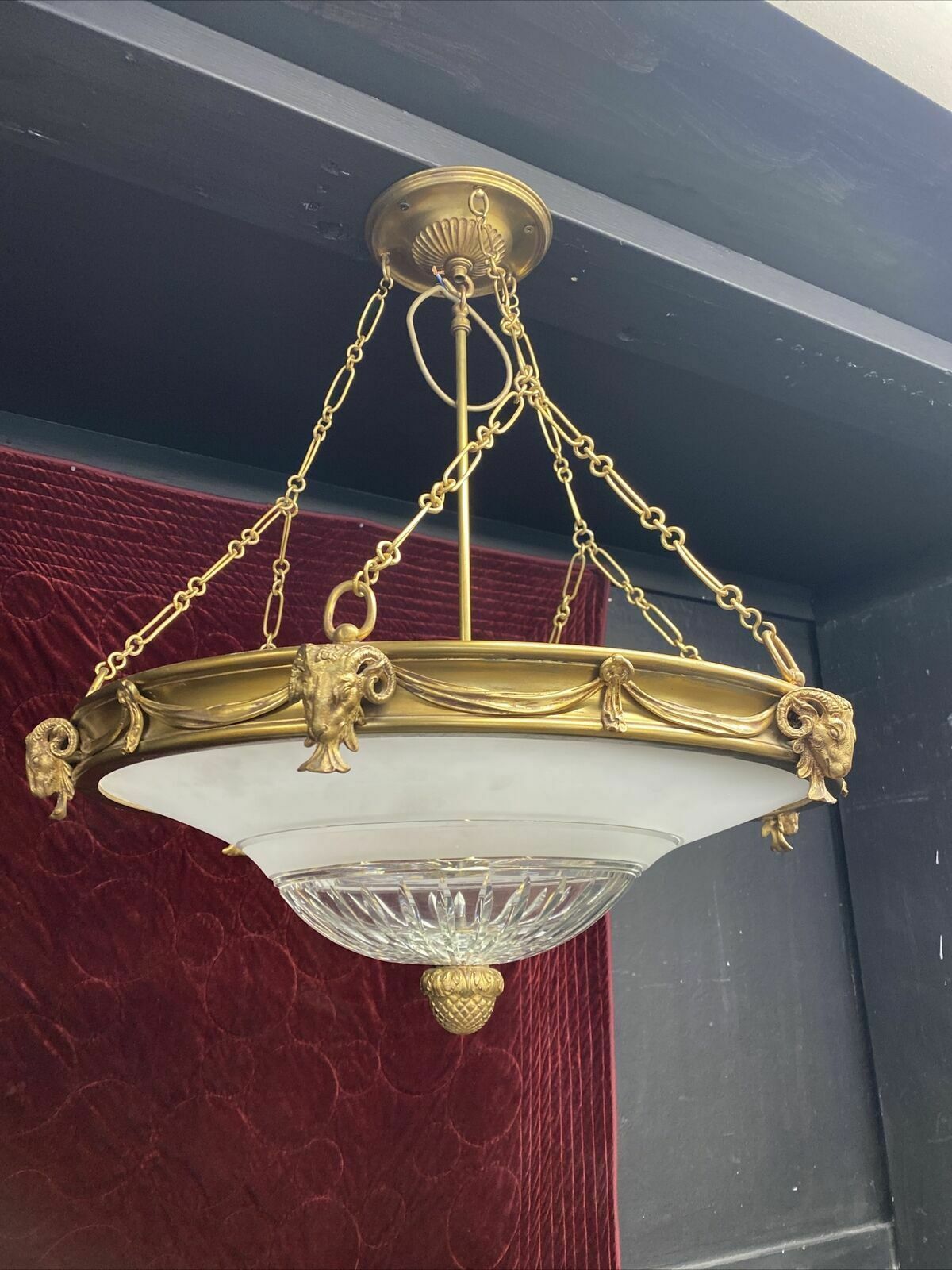 Xl Antique Gilt Brass Cut Etched Glass Ceiling Bowl Louis XV 19th Century Light photo for sale