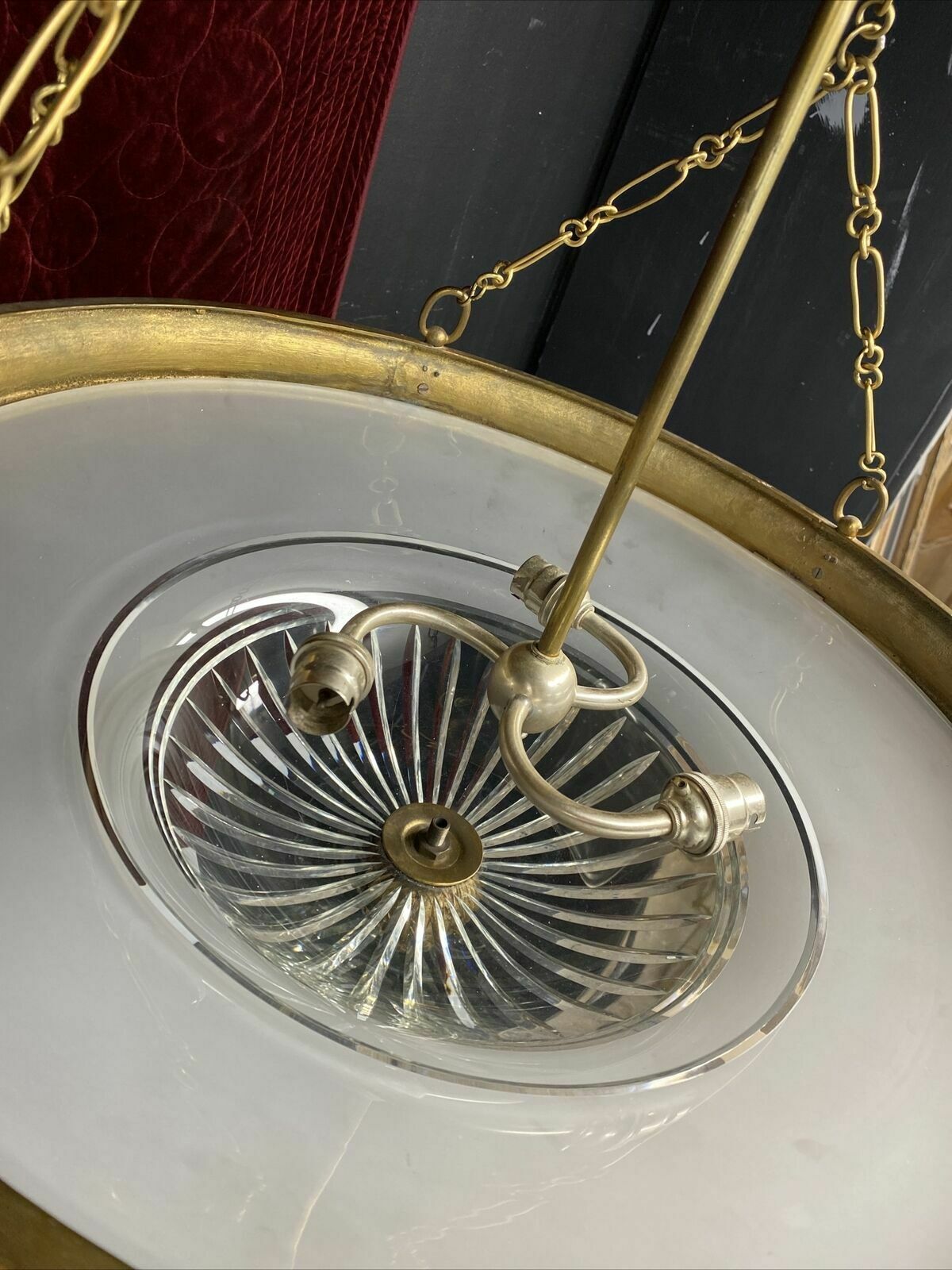 Xl Antique Gilt Brass Cut Etched Glass Ceiling Bowl Louis XV 19th Century Light photo buy