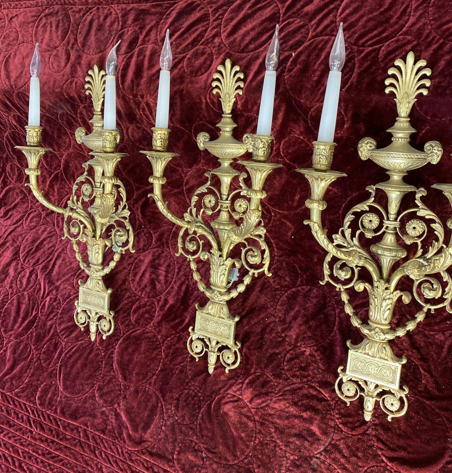 Lighting Set 3 Large Antique Gold Gilt Brass Wall Sconces Lights Louis XV 19th Century photo
