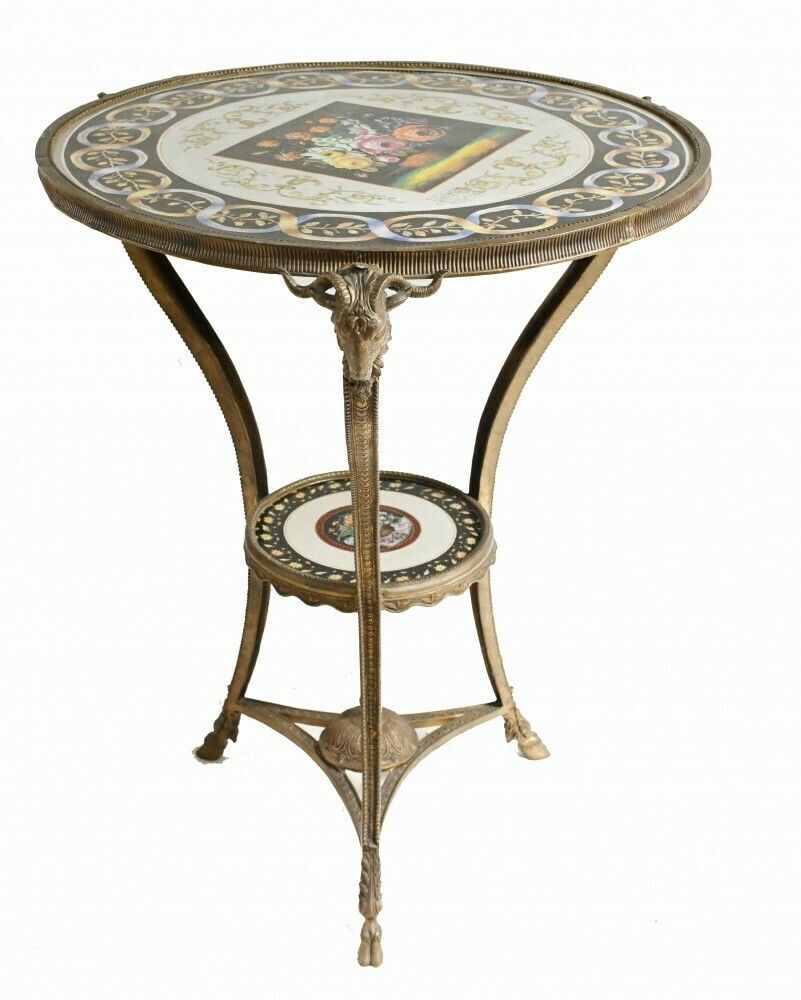 Furniture Pair French Tables   Empire Ormolu Porcelain Side Tables Rams Heads Floral photo