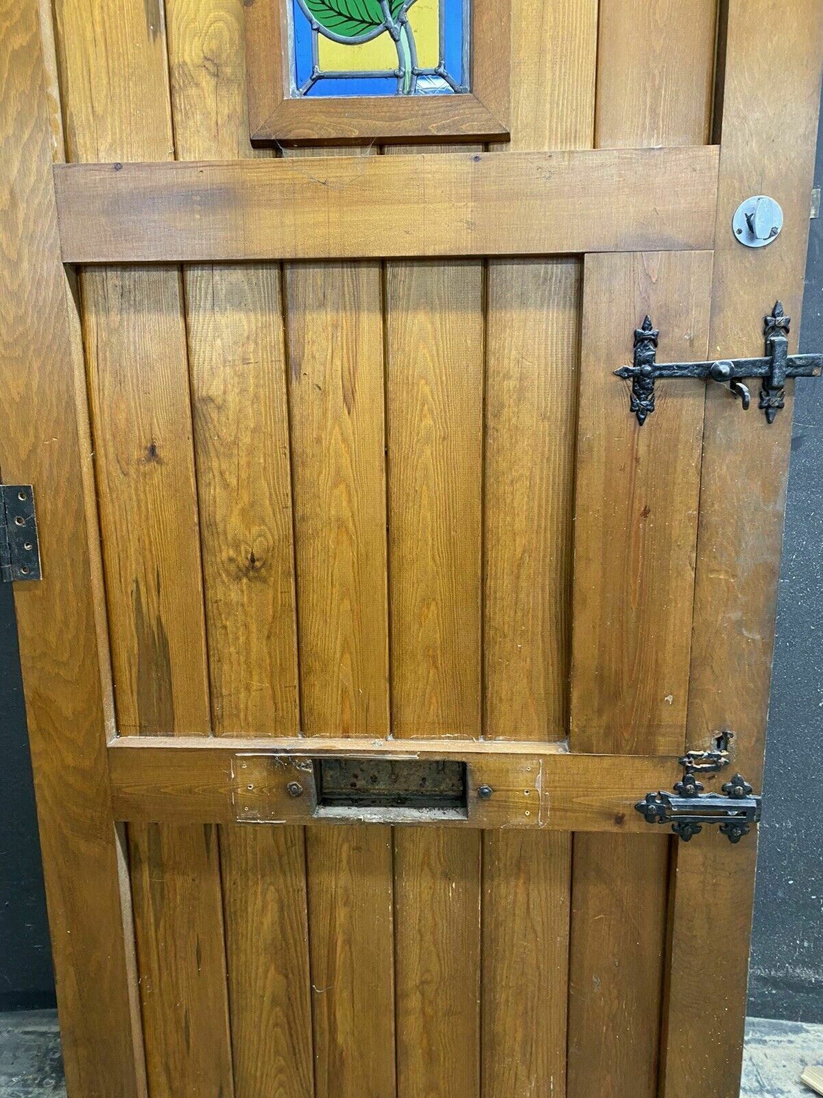 photo for sale Cottage Stained Glass Front Door Antique Period Reclaimed Old Pine Wood Iron