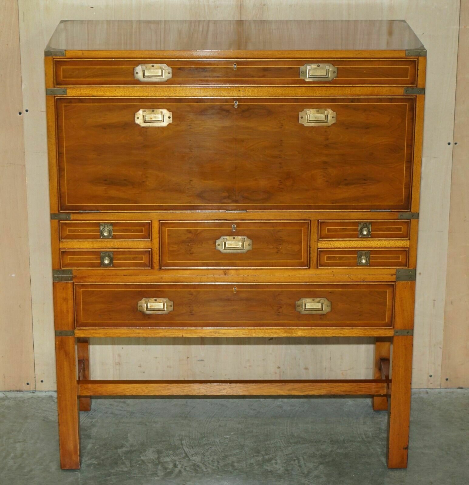 Harrods Kennedy Burr Yew Wood Green Leather Secrataire Desk Chest Of Drawers photo furniture