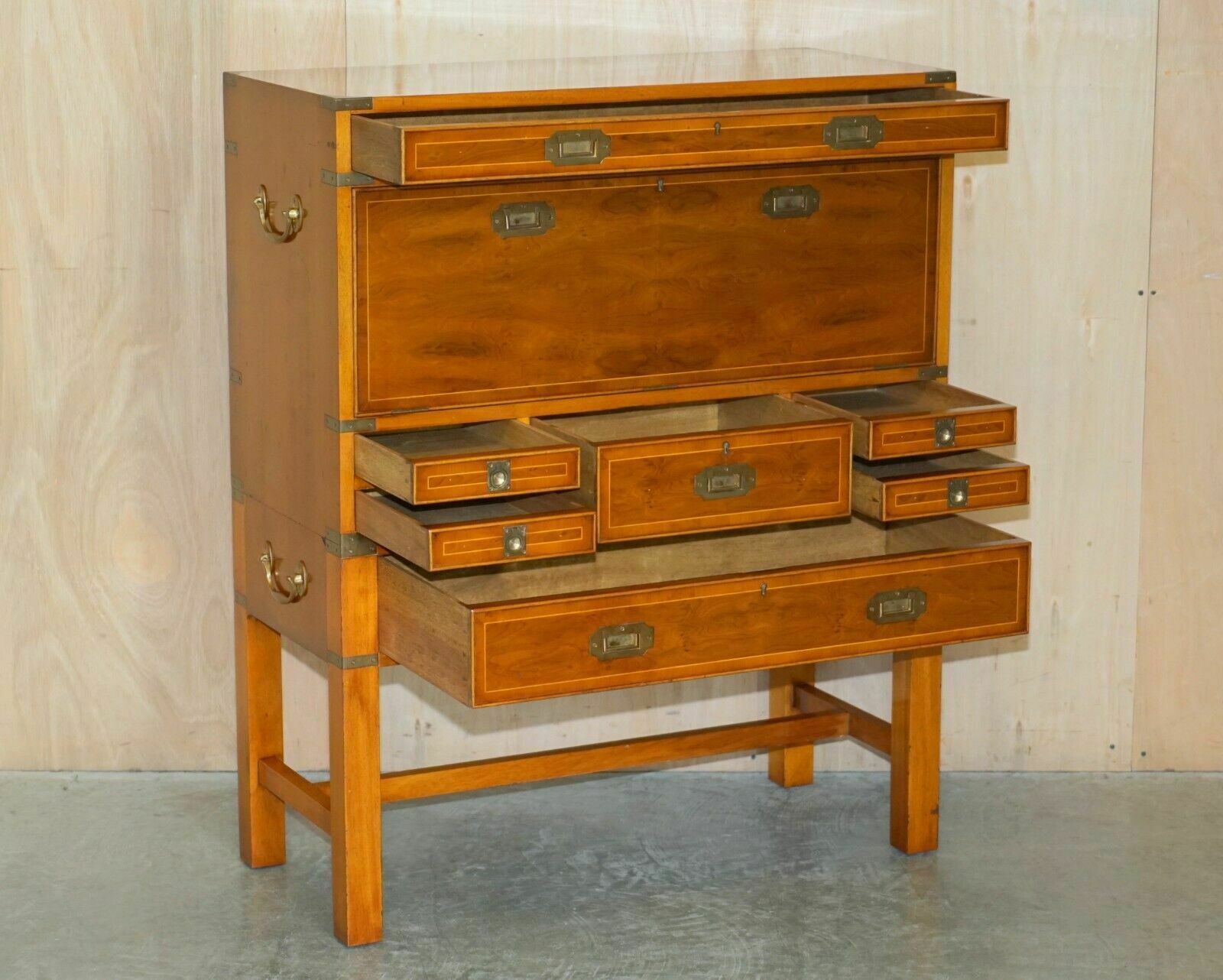 photo vintage Harrods Kennedy Burr Yew Wood Green Leather Secrataire Desk Chest Of Drawers
