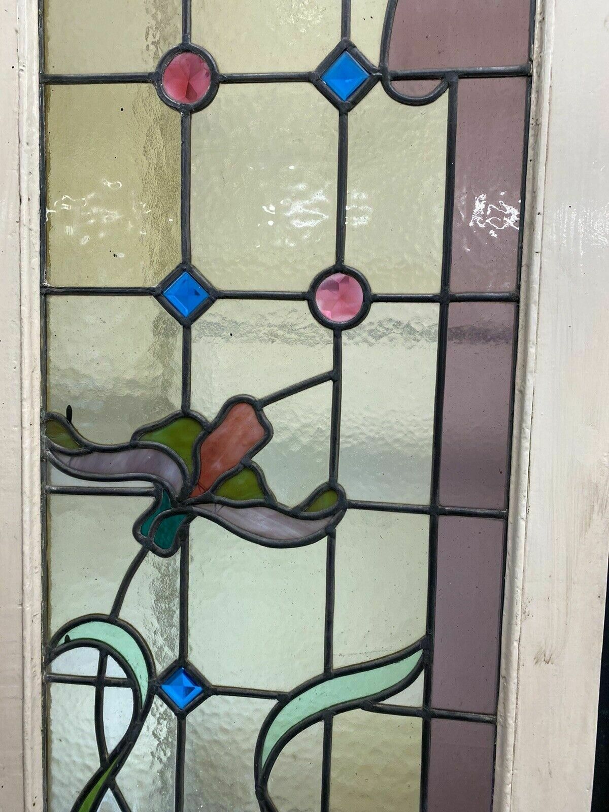 Pair Large Art Nouveau Stained Glass Windows Antique Period Lead Old Reclaimed photo vintage