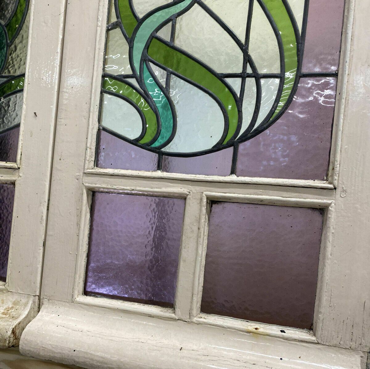 photo for sale Pair Large Art Nouveau Stained Glass Windows Antique Period Lead Old Reclaimed