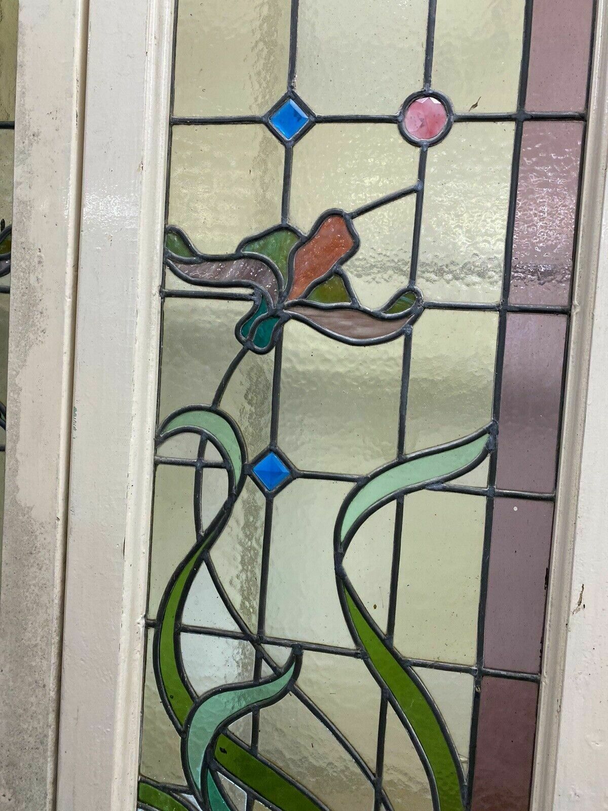photo buy Pair Large Art Nouveau Stained Glass Windows Antique Period Lead Old Reclaimed