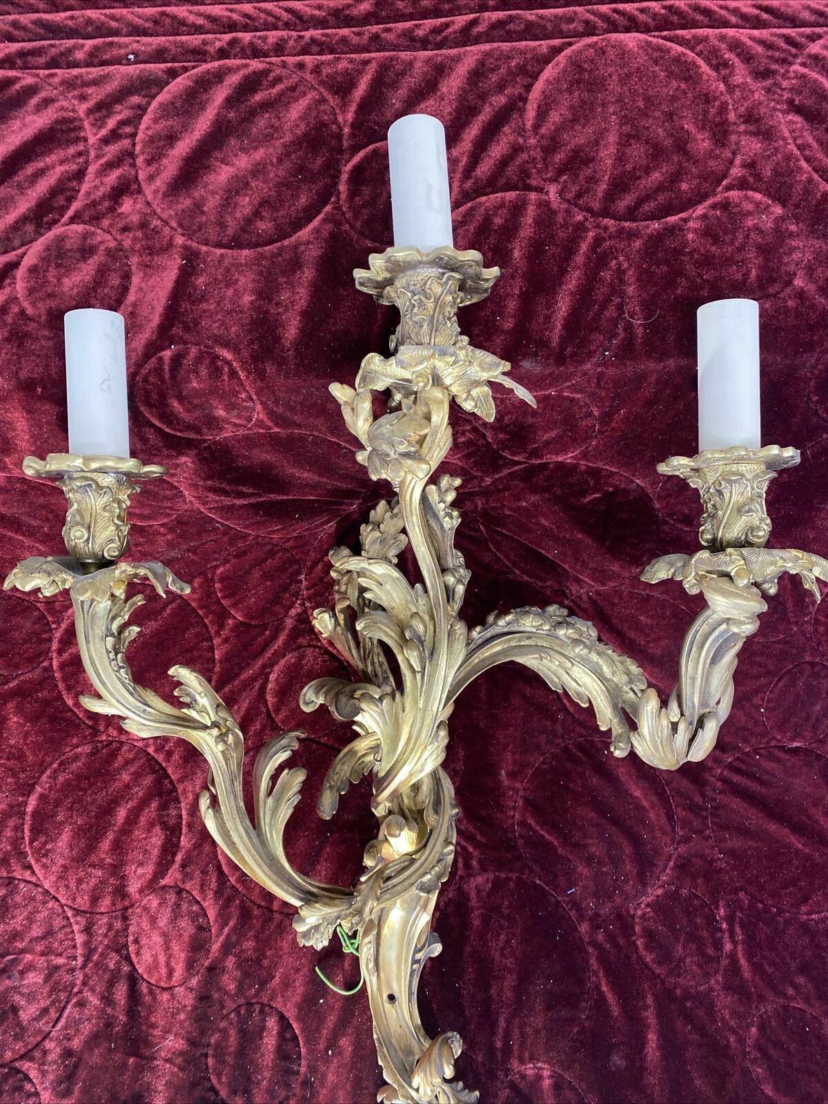 Set 2 Large Antique Gold Gilt Brass Wall Sconces Lights Louis XV 19th Century photo vintage