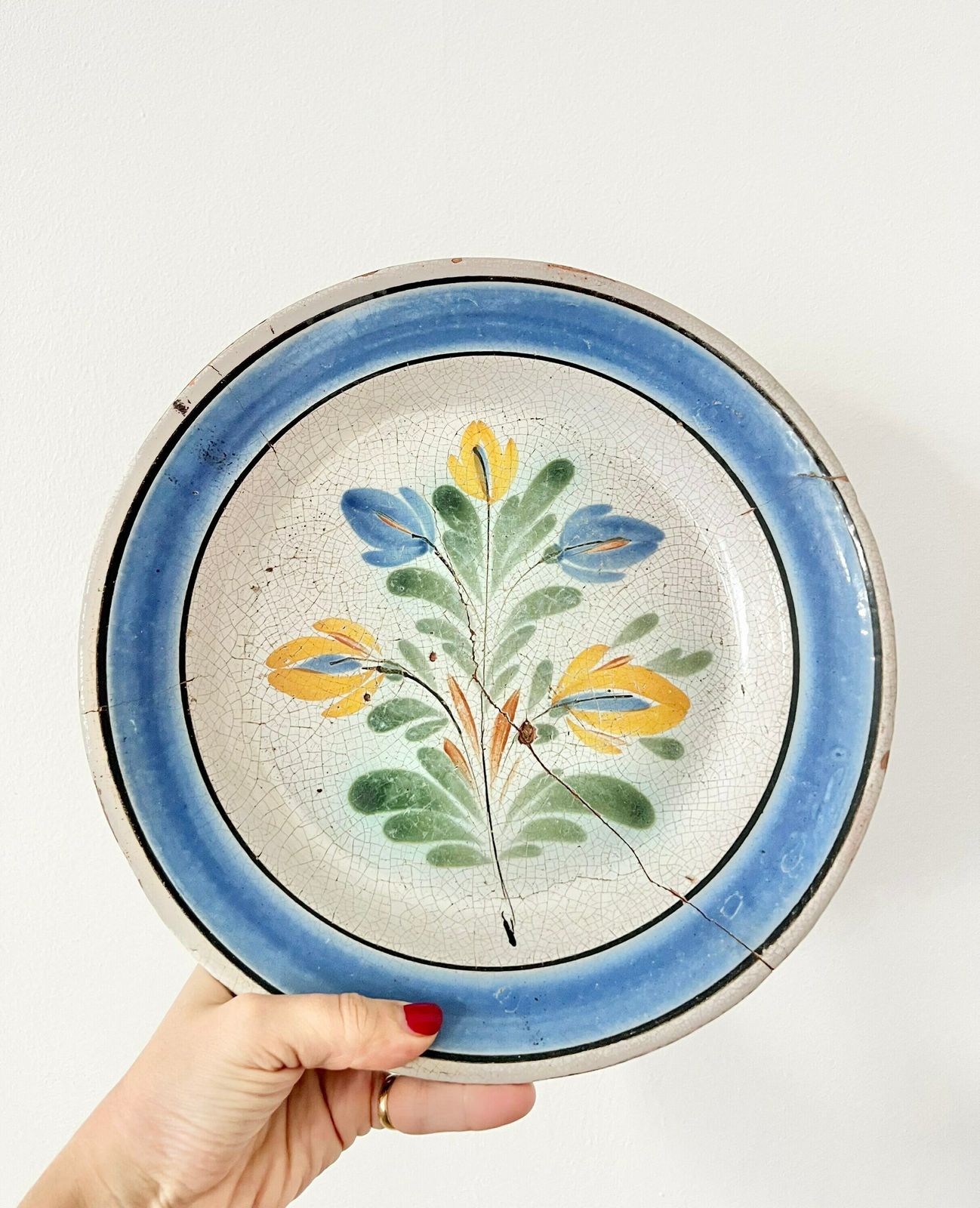 Rare Antique French "Cul Noir" Dish Hand Painted 1700 Blue Yellow Pottery photo 143.0