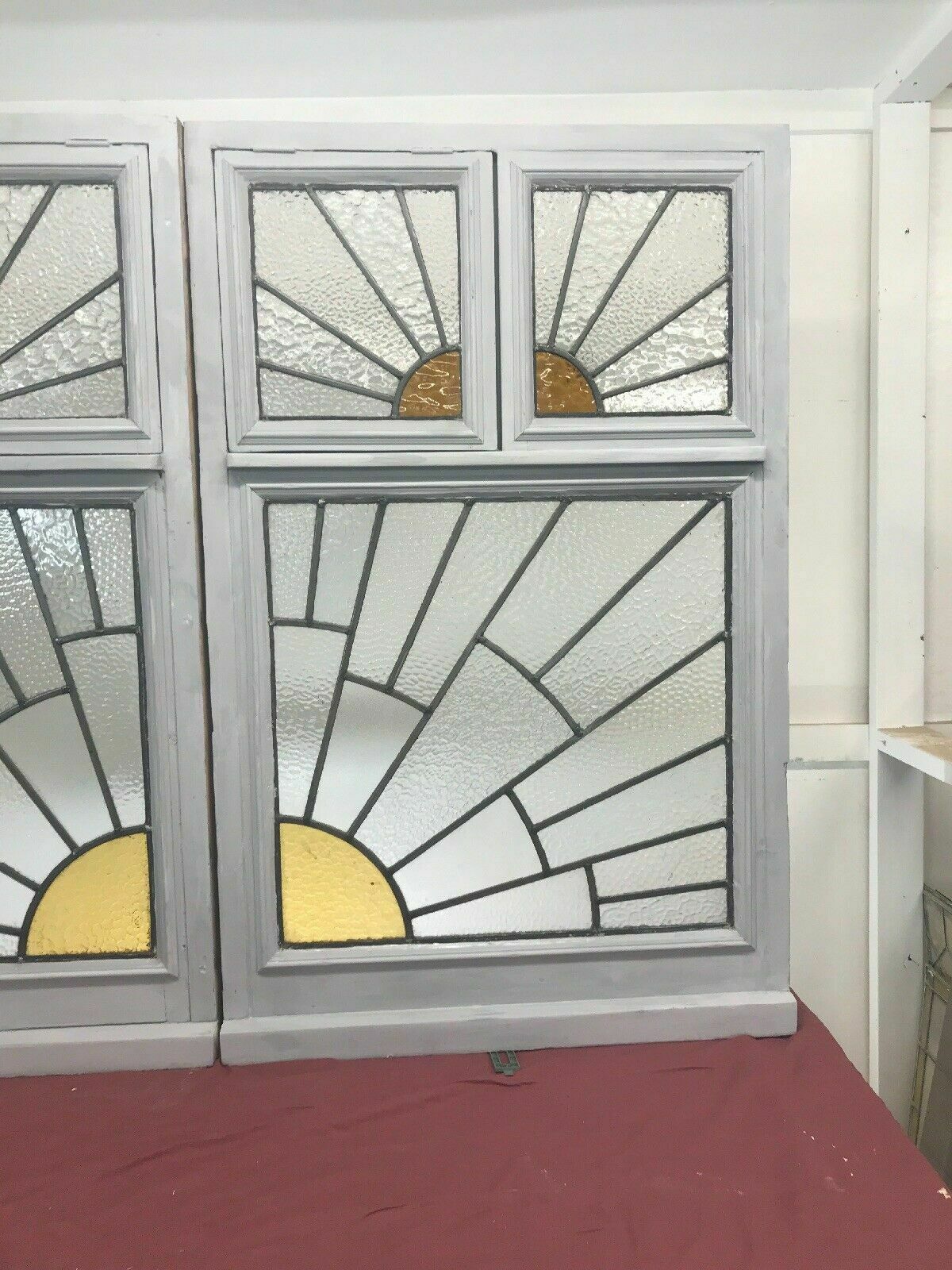 Pair Large Art Deco Stained Glass Windows Antique Period Lead Old Reclaimed Wood photo for sale