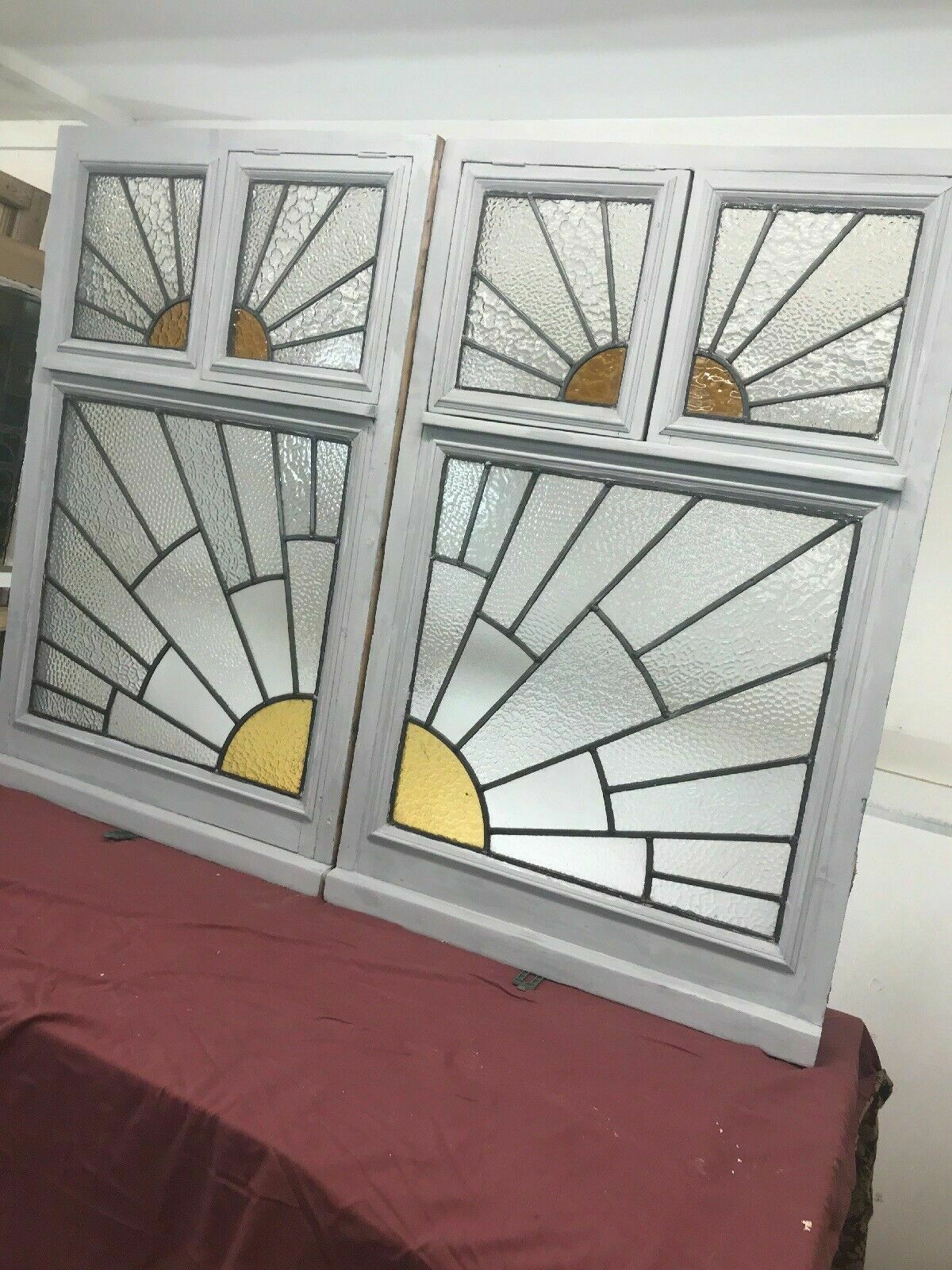Pair Large Art Deco Stained Glass Windows Antique Period Lead Old Reclaimed Wood photo 2301.0