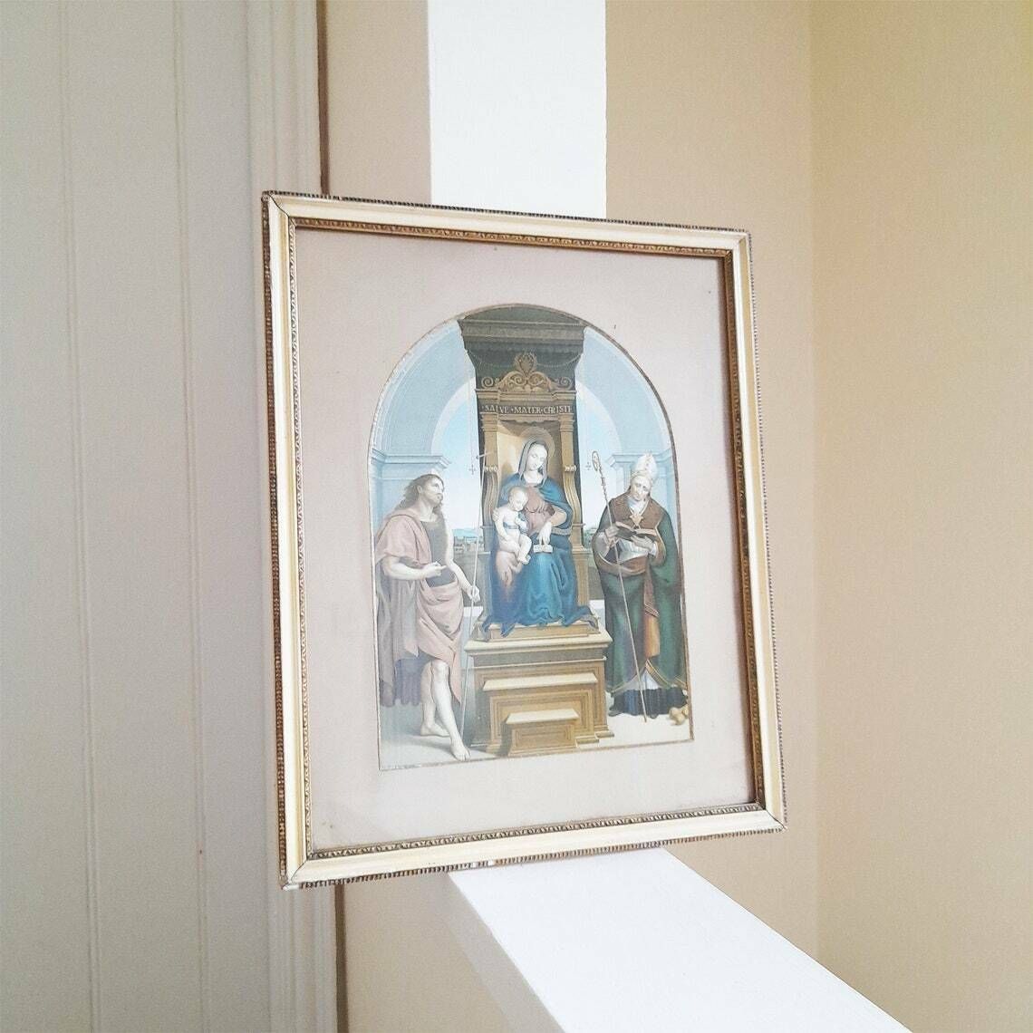 Antique Framed Religious Lithograph   Salve Mater Christi   The Ansidei Madonna Christ   Raphael 1505   Virgin Mary & Child   Wall Décor