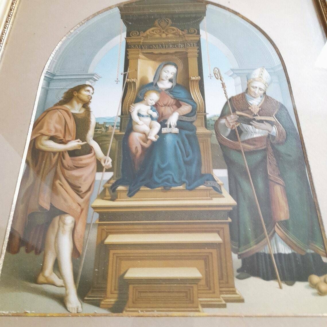 Antique Framed Religious Lithograph   Salve Mater Christi   The Ansidei Madonna Christ   Raphael 1505   Virgin Mary & Child   Wall Décor photo furniture