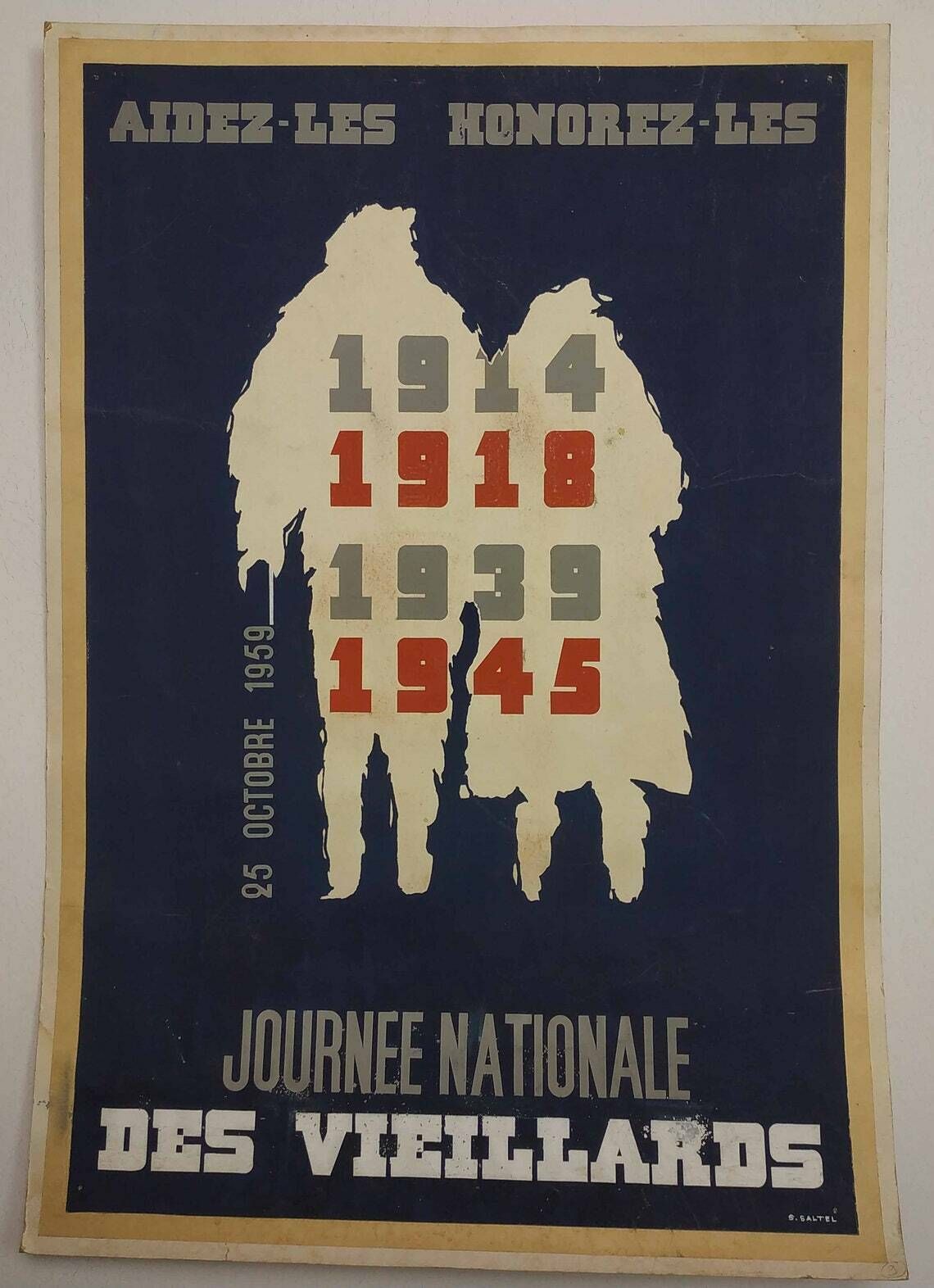 Vintage French 1950s Hand Painted Art Advertising Poster For National Elderly Persons Day France, Affiche Journee Nationale Des Vieillards photo 91.0