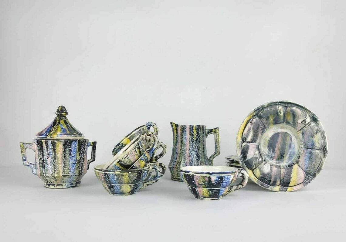 Vintage French Espresso Set, Vintage Majolica Coffee Service, Vintage Pottery Cups And Saucers Creamer And Sugar Bowl, Ceramic Cup Saucer