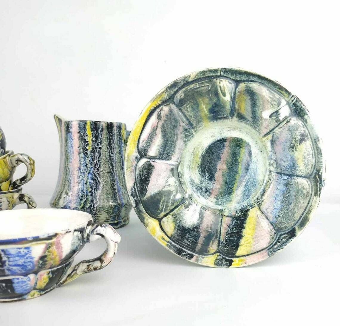 Vintage French Espresso Set, Vintage Majolica Coffee Service, Vintage Pottery Cups And Saucers Creamer And Sugar Bowl, Ceramic Cup Saucer photo furniture