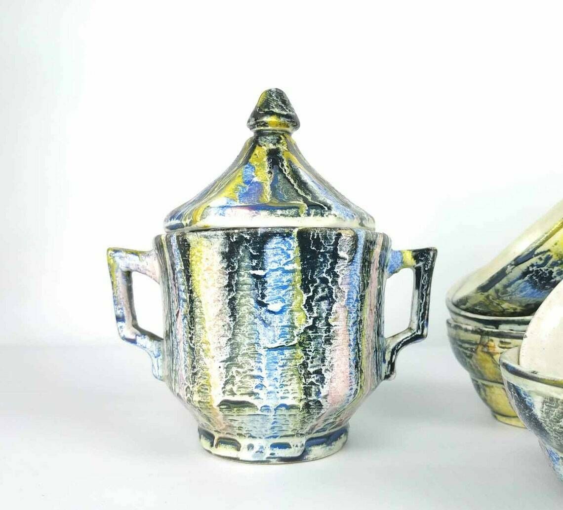 Vintage French Espresso Set, Vintage Majolica Coffee Service, Vintage Pottery Cups And Saucers Creamer And Sugar Bowl, Ceramic Cup Saucer photo Home Decor