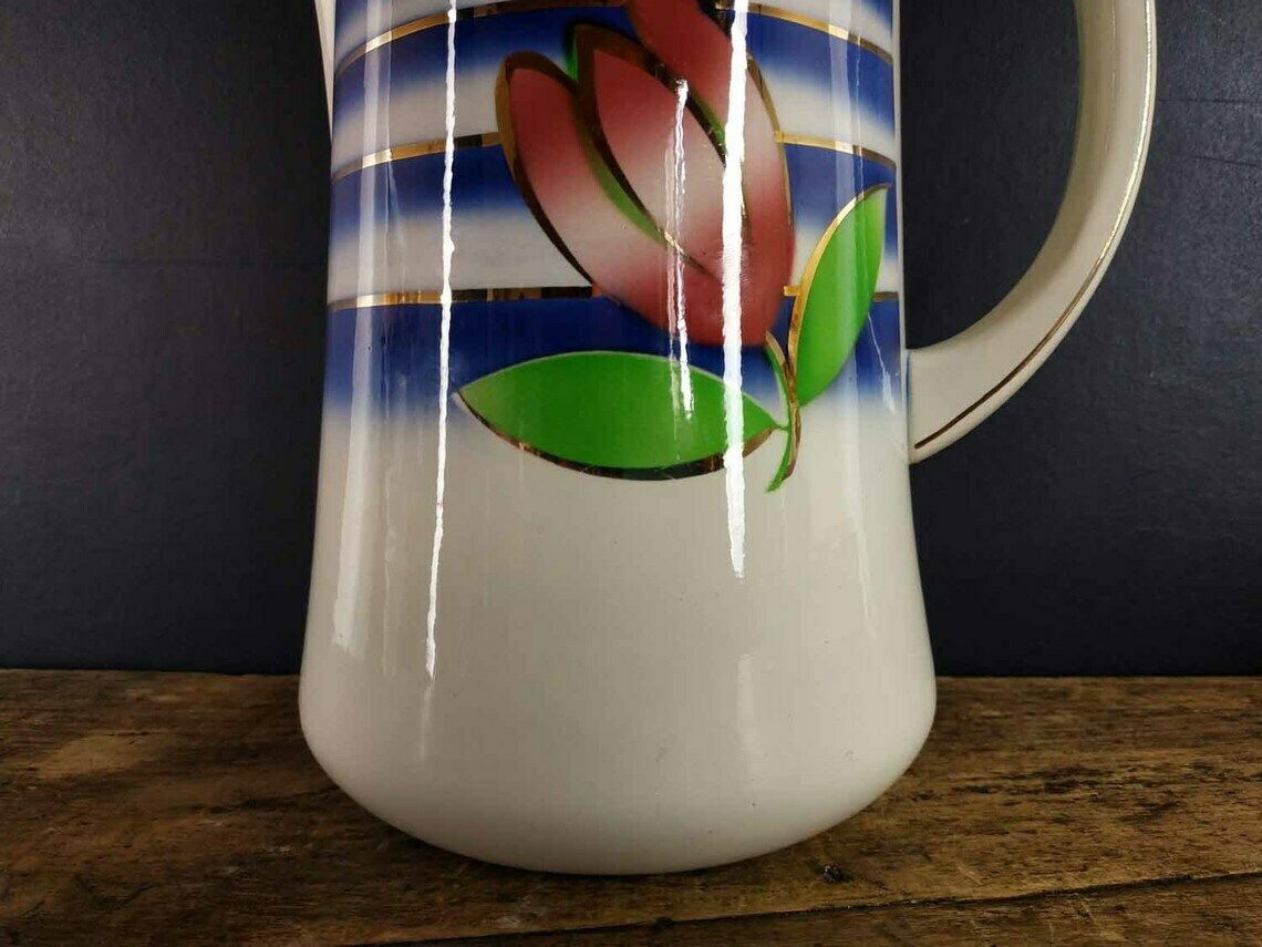 Large French Ironstone Jug, Sarreguemines Ironstone Pitcher, Digoin Ironstone Pottery,Vintage Stencilware Pitcher,Vintage Ceramic Water Jug photo furniture