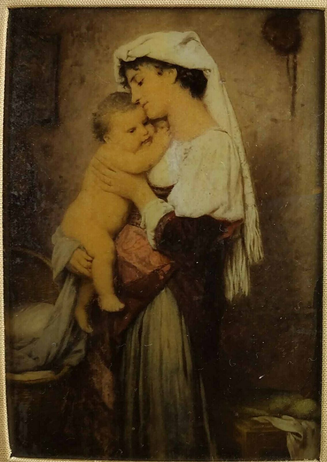 Antique French Painting, Reverse Painted Glass , Reverse Painting On Glass, Antique Wall Hanging, Woman And Child Painting, Framed Painting photo furniture