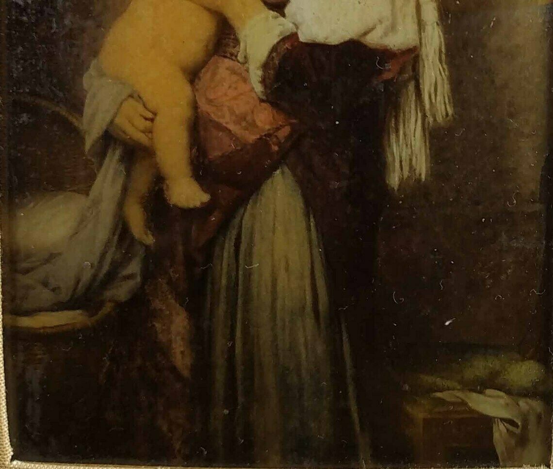 Antique French Painting, Reverse Painted Glass , Reverse Painting On Glass, Antique Wall Hanging, Woman And Child Painting, Framed Painting photo 83.0
