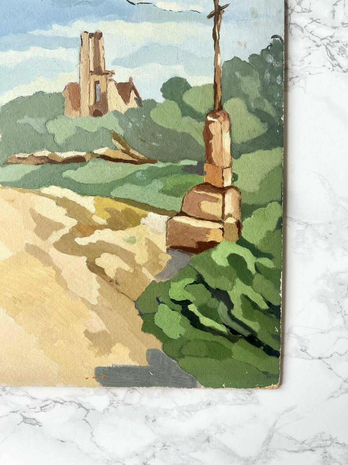 Antique French Art Deco Gouache Painting On Cardboard Representing A Typical Brittany Landscape With Church And Calvary photo furniture