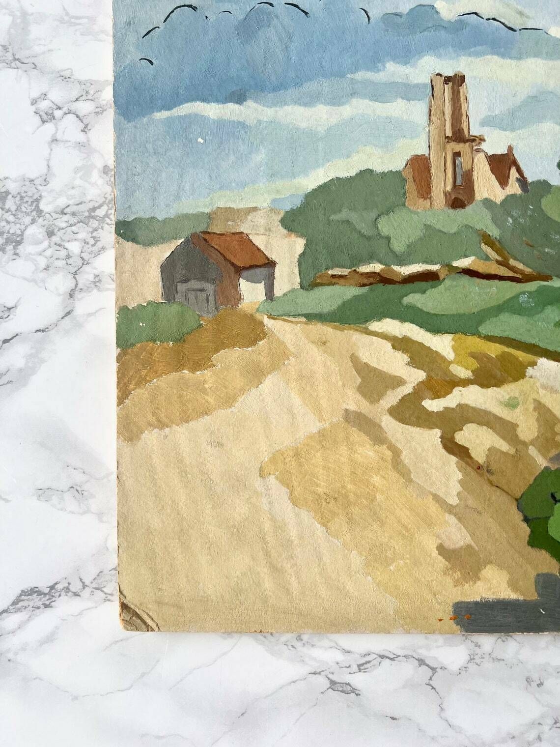 Antique French Art Deco Gouache Painting On Cardboard Representing A Typical Brittany Landscape With Church And Calvary photo for sale