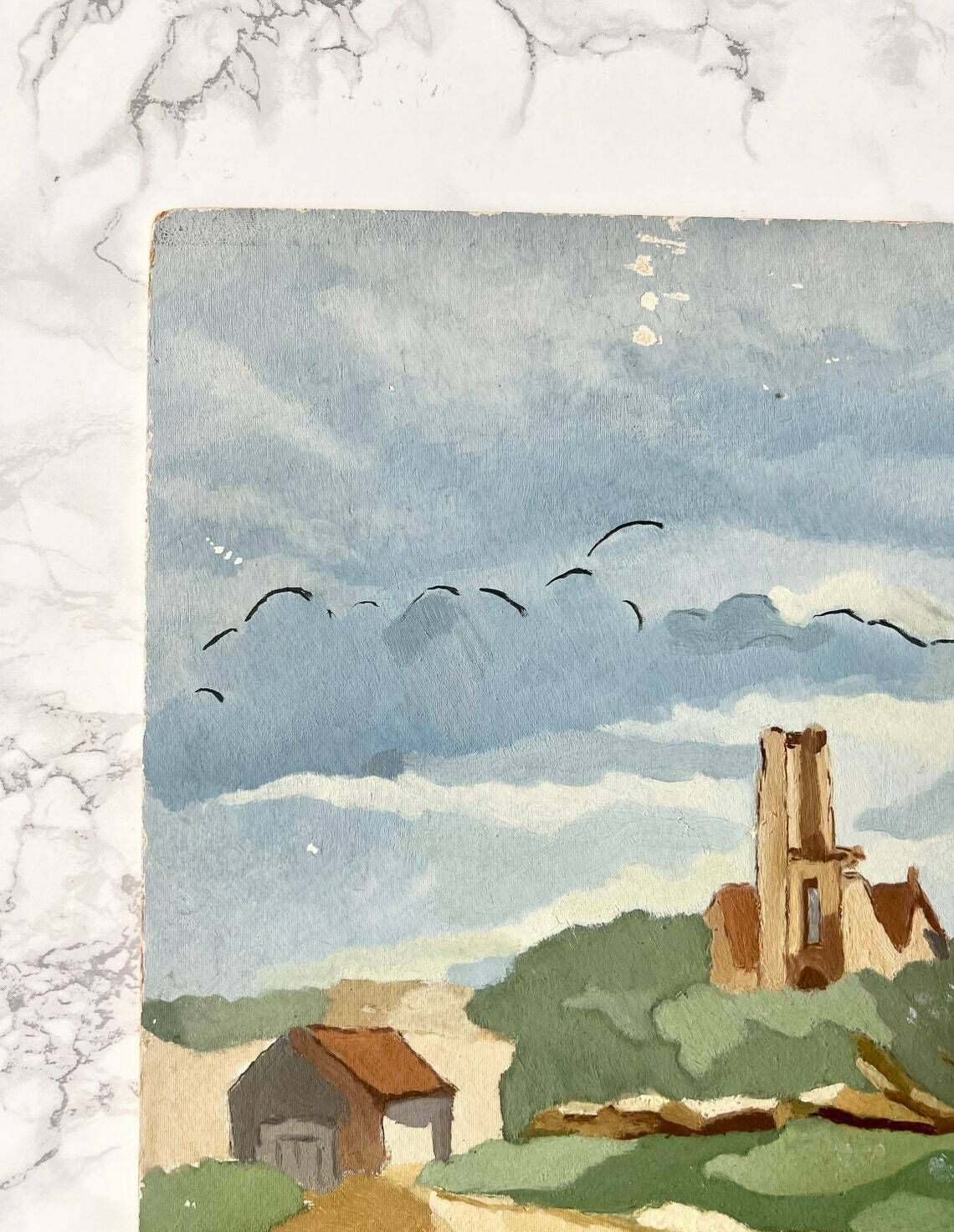 Antique French Art Deco Gouache Painting On Cardboard Representing A Typical Brittany Landscape With Church And Calvary photo vinterior
