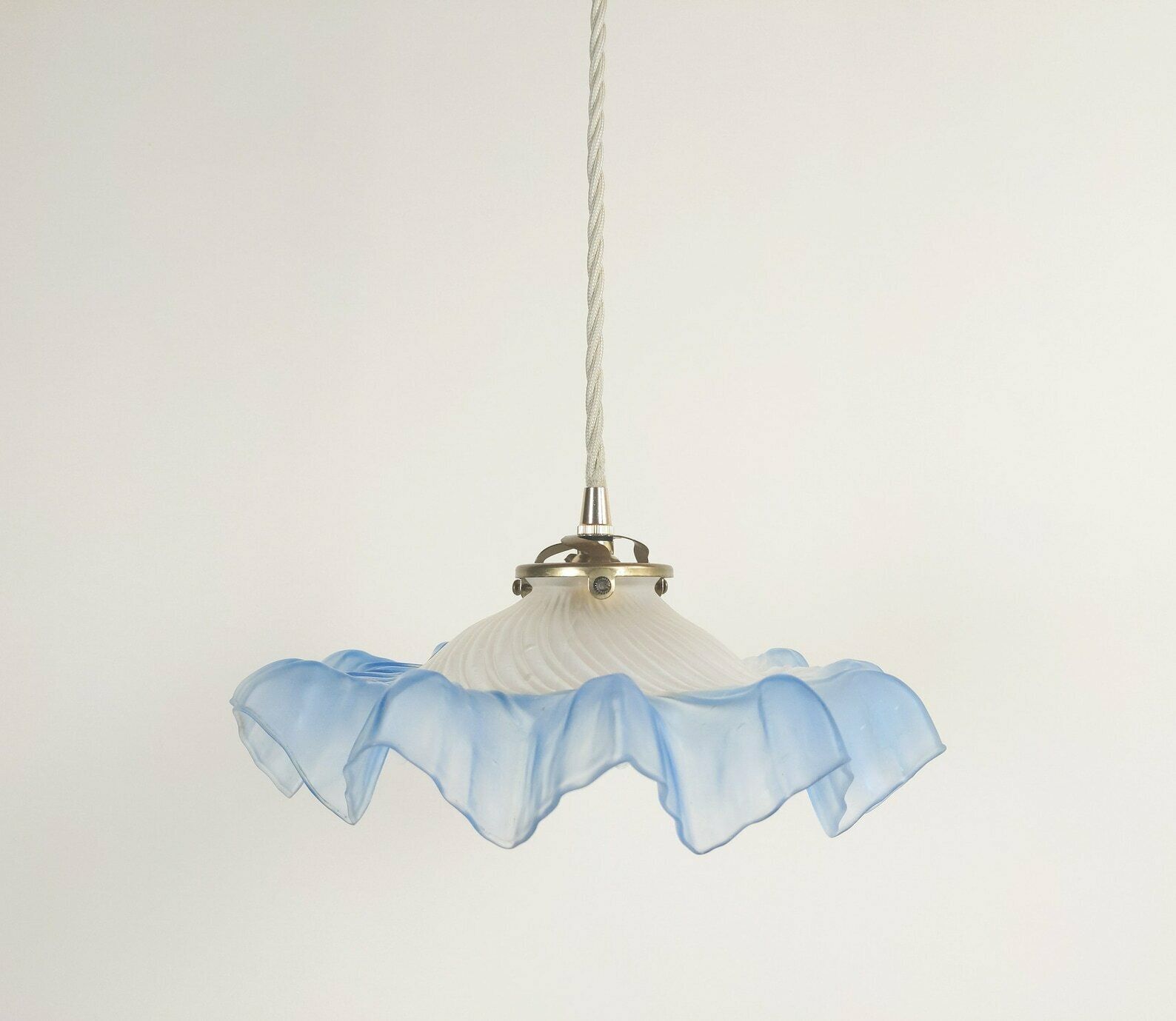 French Blue Glass Ceiling Light With Brass Hardware And Beige Fabric Cable + Porcelain Ceiling Rose, Ruffled Petticoat Pendant Light photo furniture